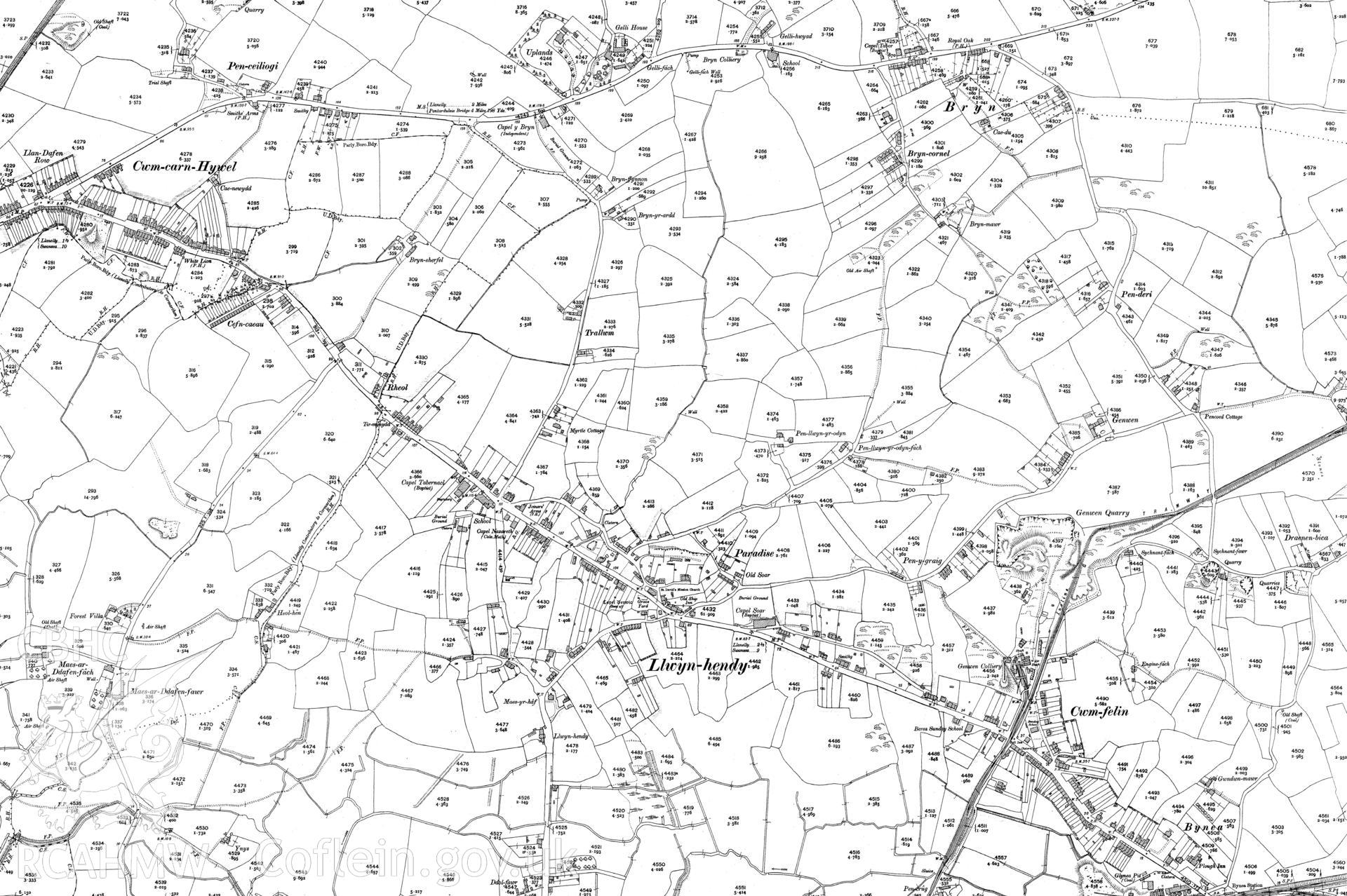 Second edition of 25 inch OS maps, published in 1907, reproduced by Landmark Information Group, showing the area around Bynea. Map included as part of archaeological appraisal of Gwndwn Mawr, Station Rd., Bynea, Carmarthenshire, 2014.