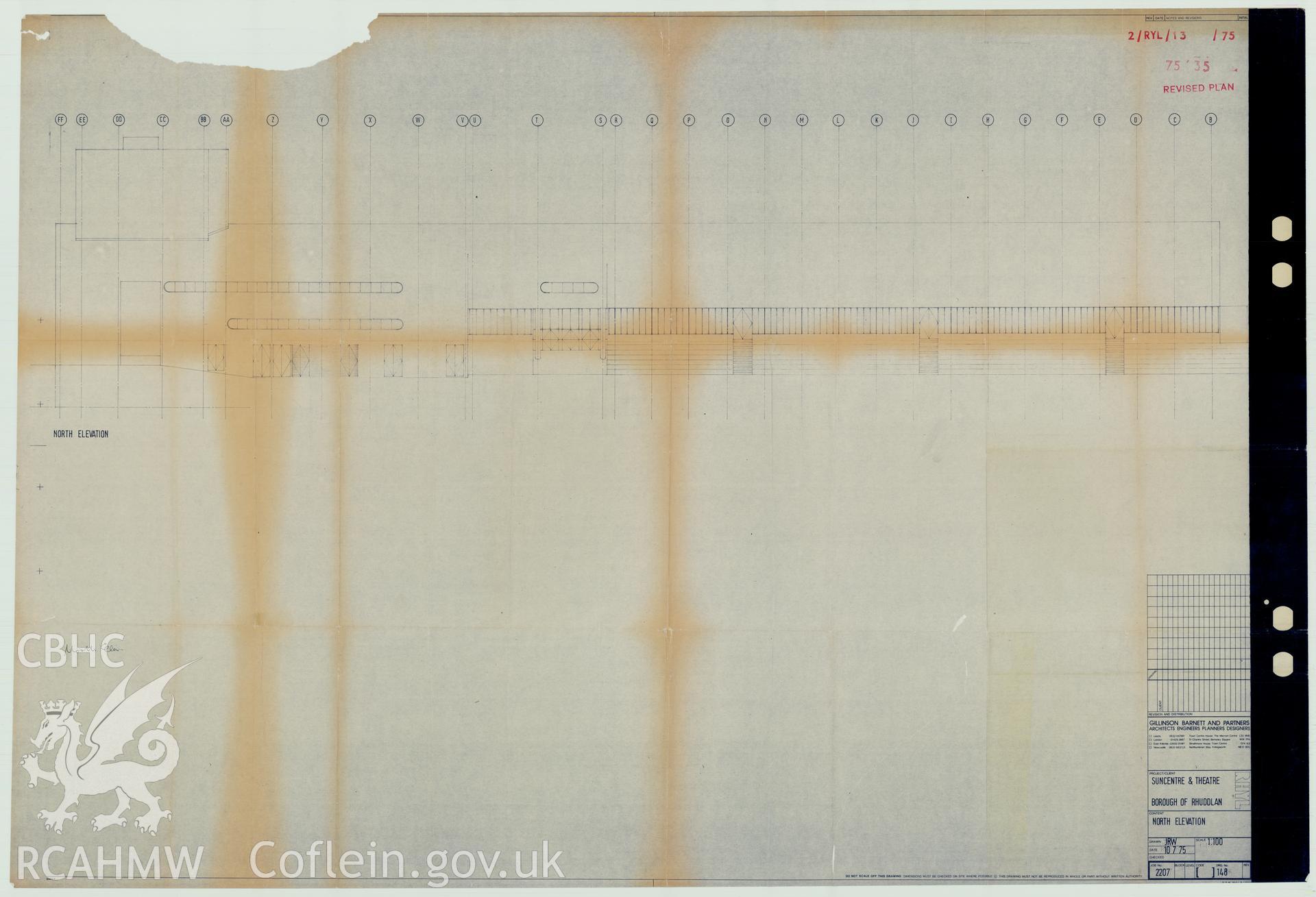 Digital copy of a measured drawing showing north elevation of Rhyl Sun Centre and Theatre, produced by Gillinson Barnett & Partners  1975. Loaned for copying by Denbighshire County Council.