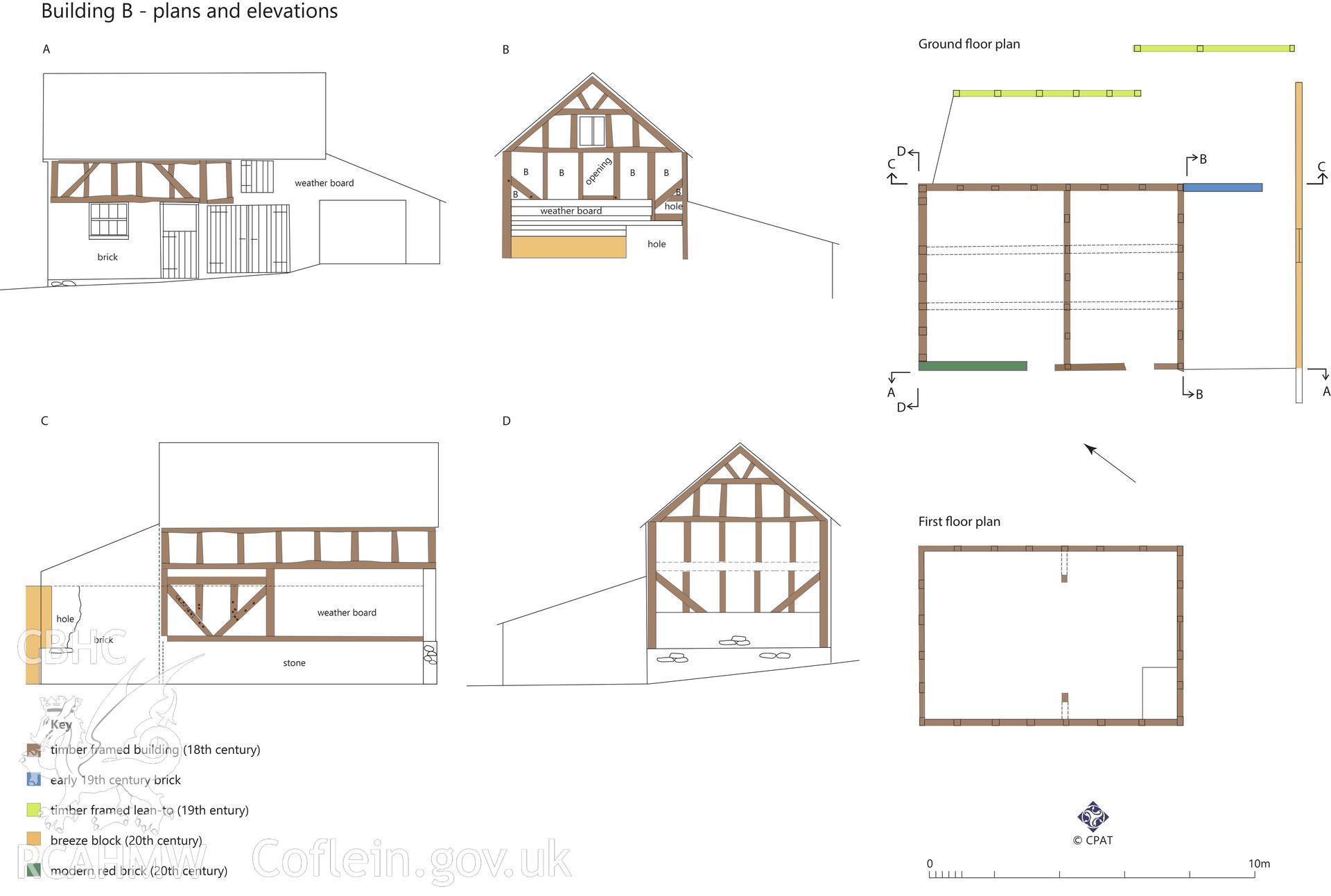 'Building B plans elevations' used as report illustration for CPAT Project 2414: Pentre Barns, Llandyssil, Powys - Building Survey. Prepared by Kate Pack of Clwyd Powys Archaeological Trust, 2019. Report no. 1694.