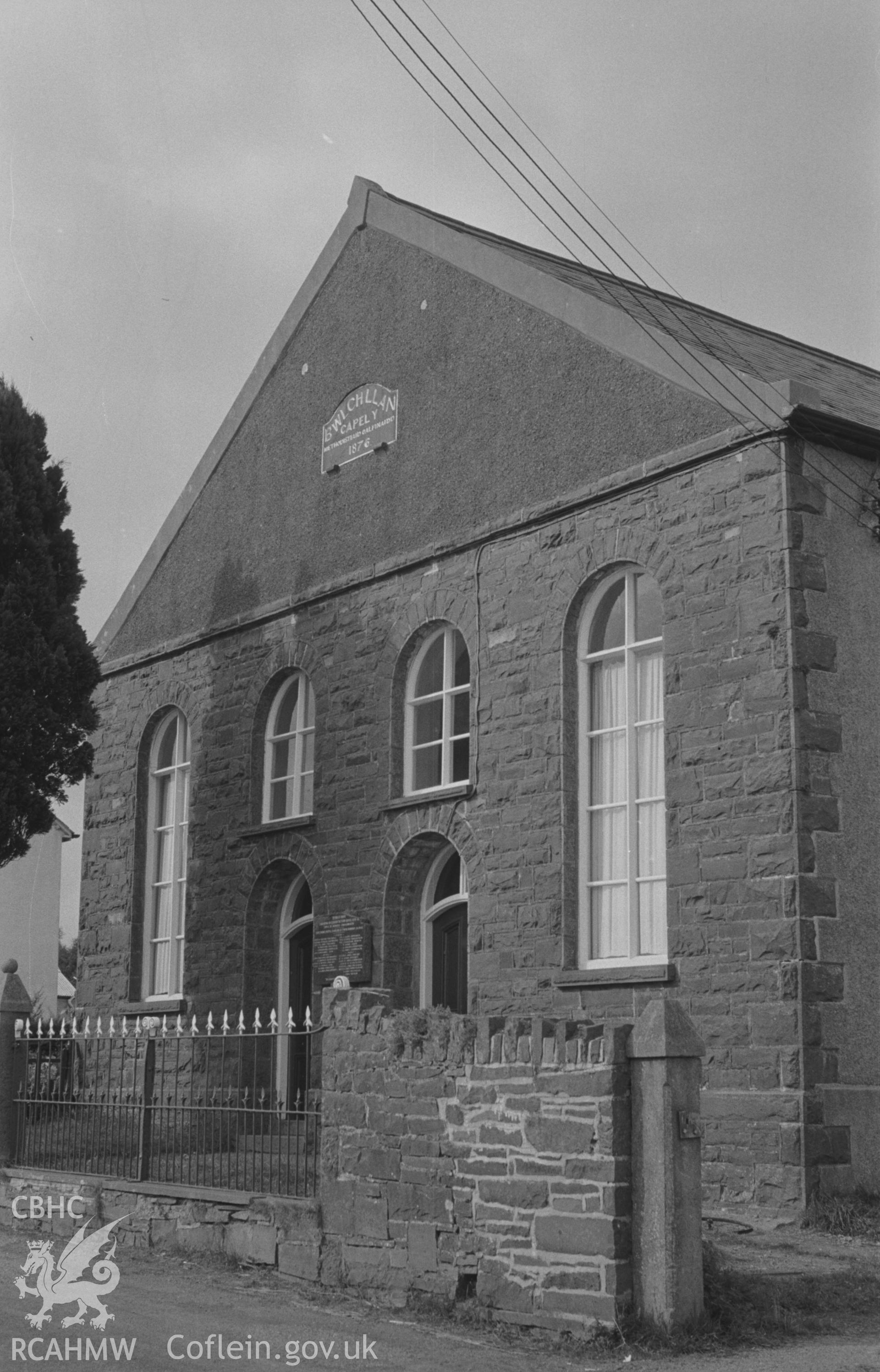 Digital copy of a black and white negative showing exterior view of Capel Bwlchllan Calvinistic Methodist chapel, Nantcwnlle, north of Lampeter. Photographed by Arthur O. Chater on 30th August 1966 looking north from Grid Reference SN 580 588.