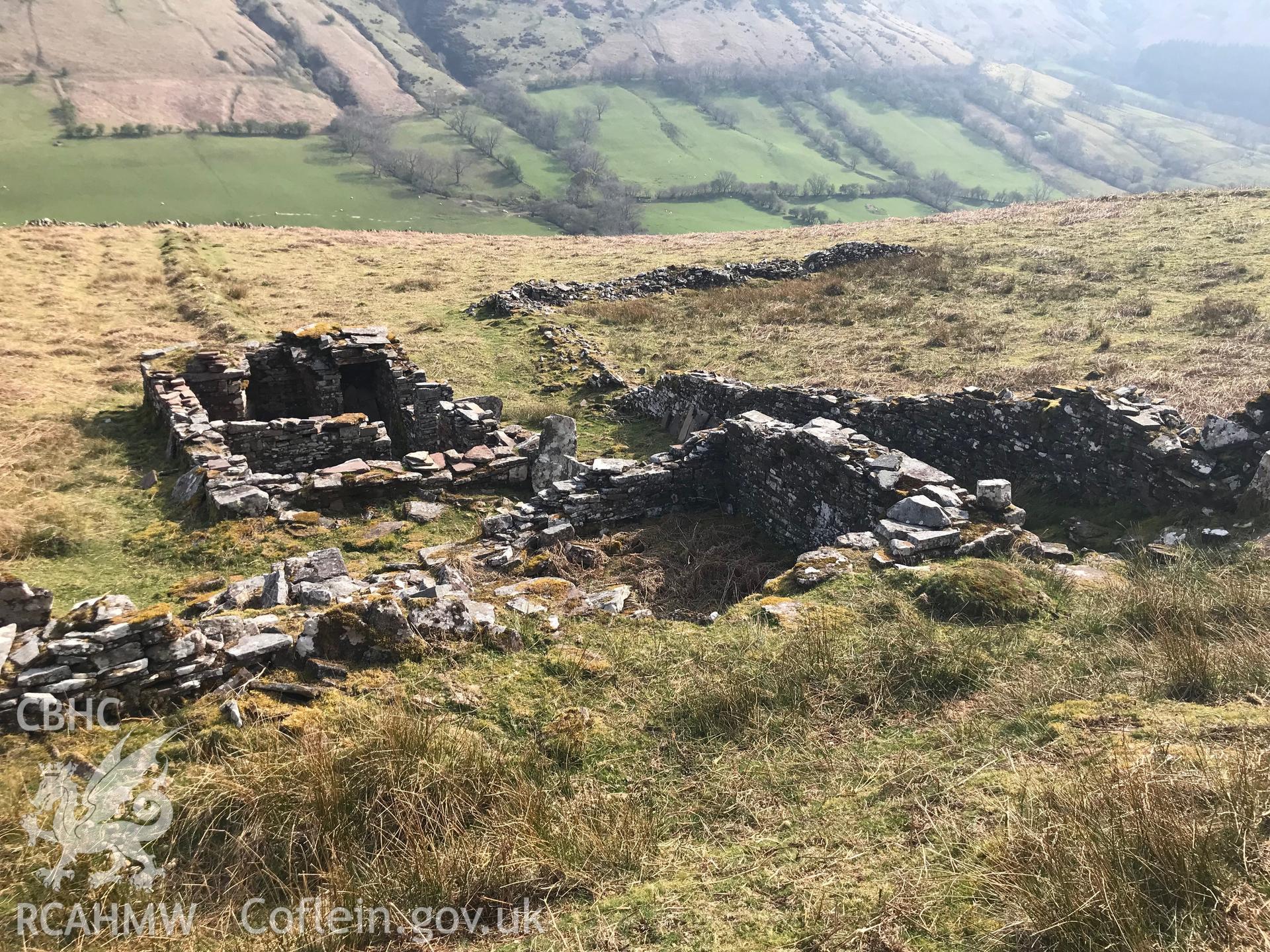 Digital colour photograph showing view of Darren Lwyd deserted farmstead, Llanigon, east of Talgarth, taken by Paul R. Davis on 22nd April 2019.