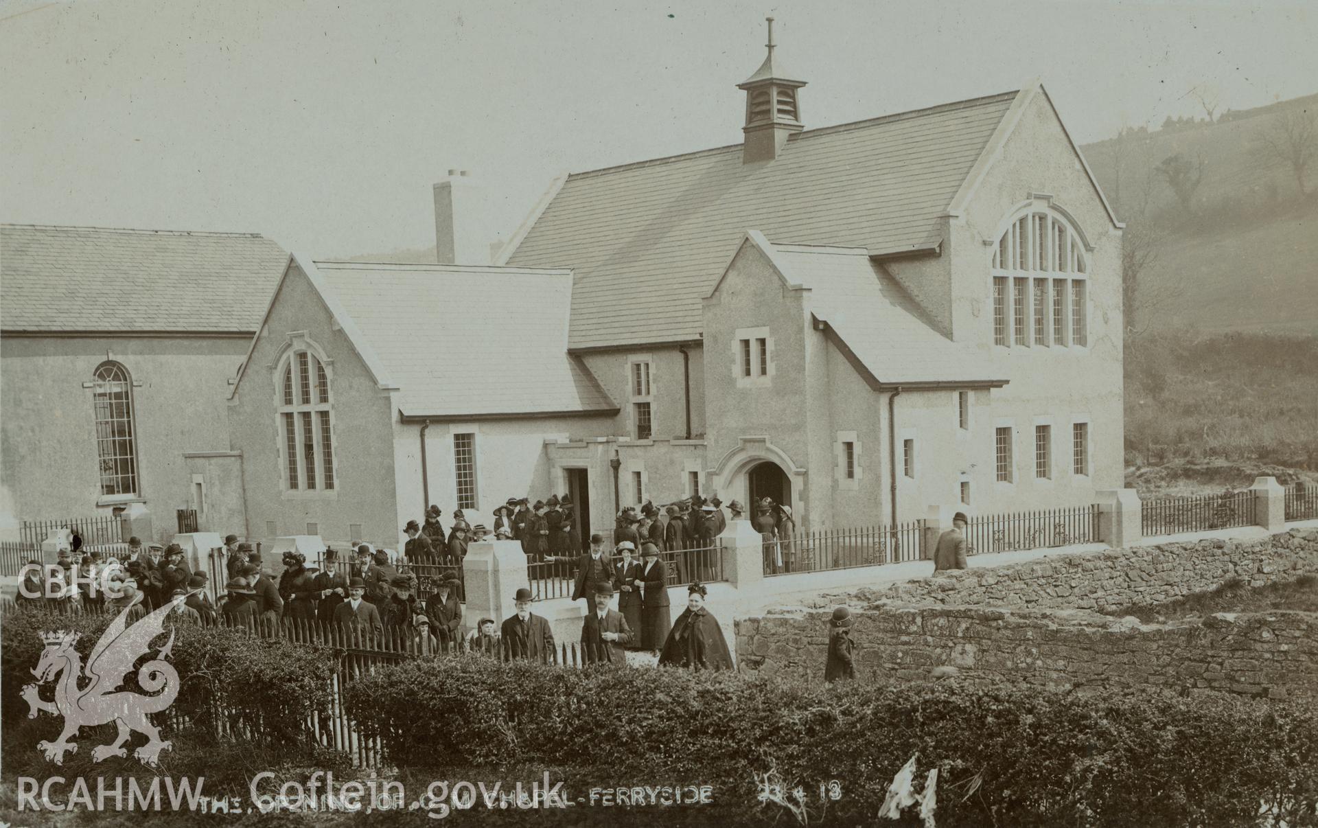 Digital copy of black and white postcard showing exterior view of Bethania Welsh Calvinistic Methodist chapel, Ferryside, on the day it was opened after rebuilding in 1911. Loaned for copying by Thomas Lloyd.