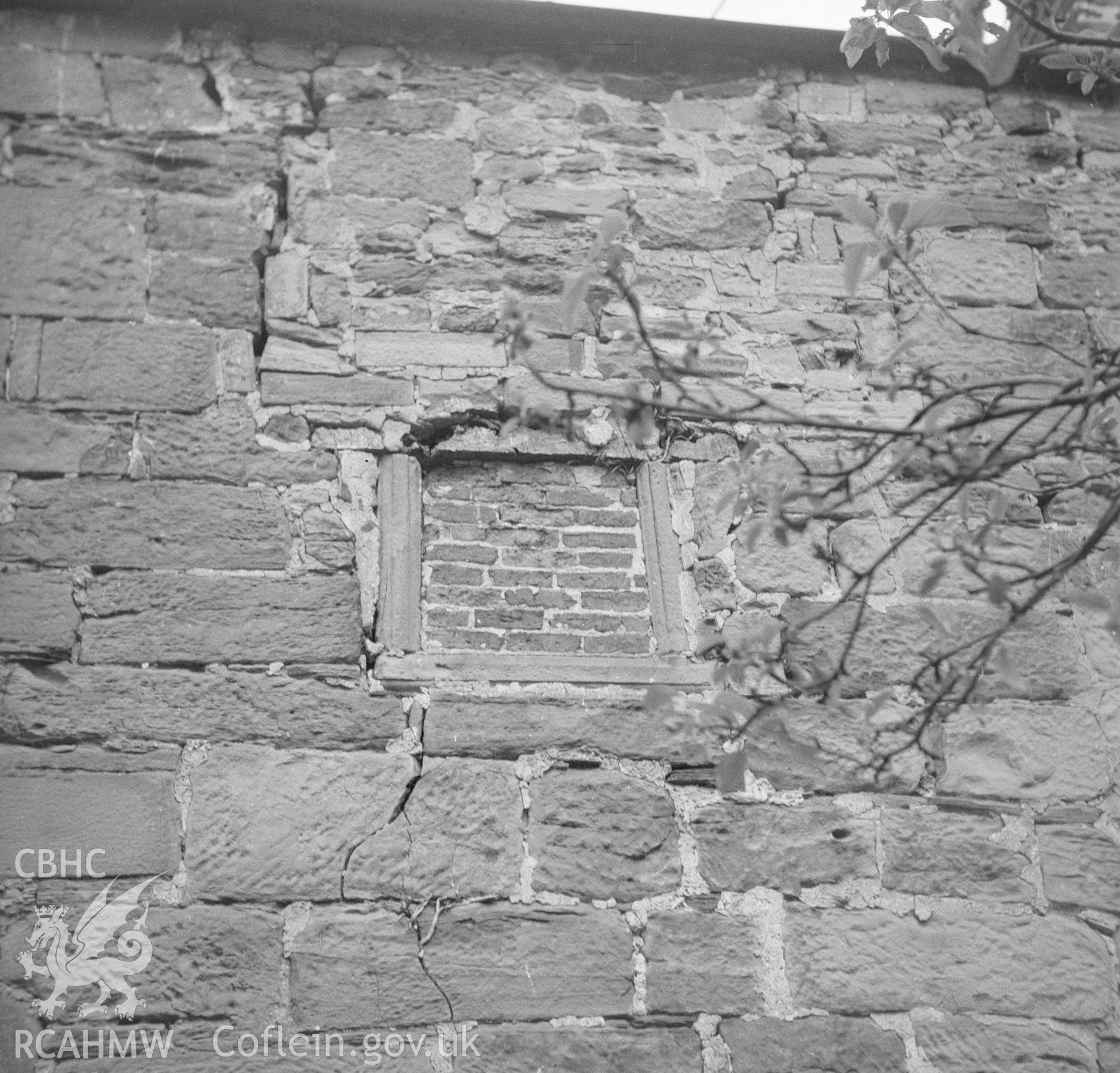 Digital copy of a black and white nitrate negative showing detail of blocked window space at Llyseurgain, Northop.