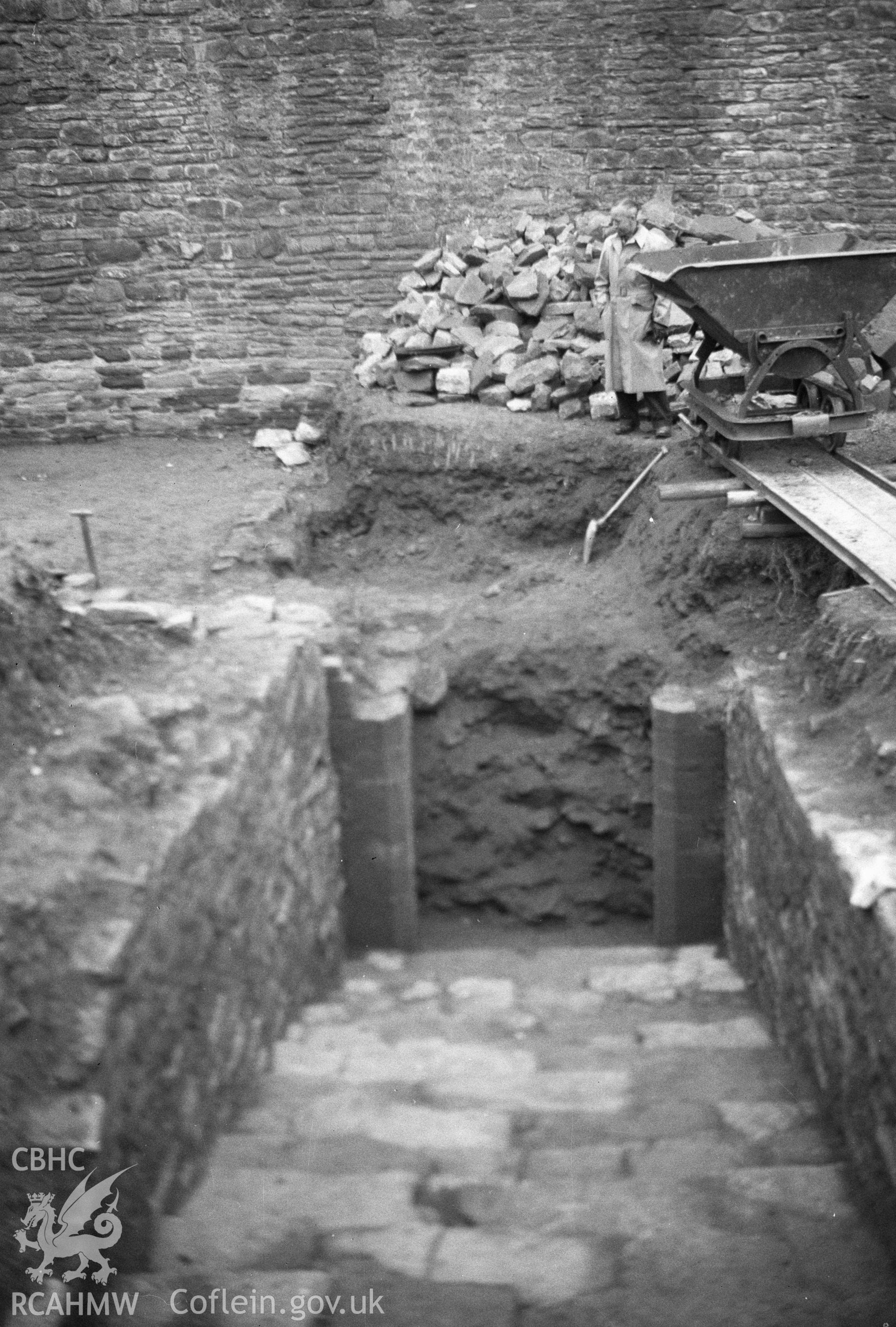 Digital copy of a nitrate negative showing view of excavation at the Skenfrith Castle site taken by Leonard Monroe.