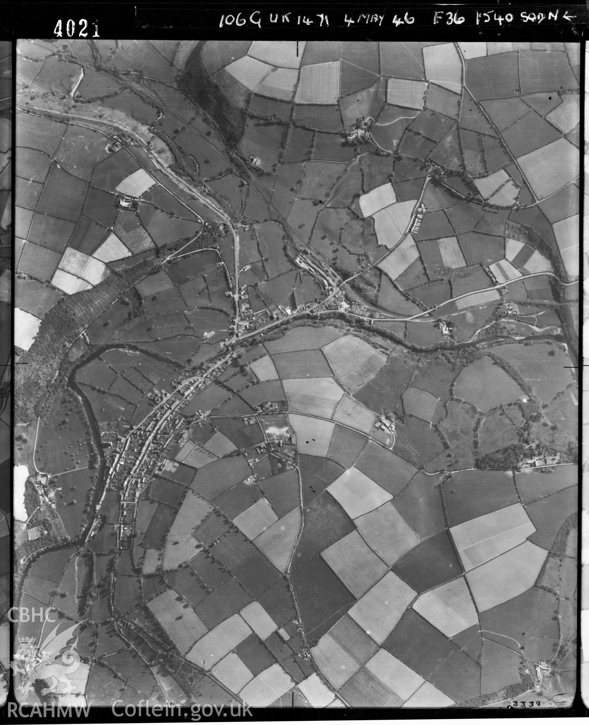 Digital copy of a Royal Air Force aerial view of Pont Tyweli, Llandysul, dated 4th May 1946.