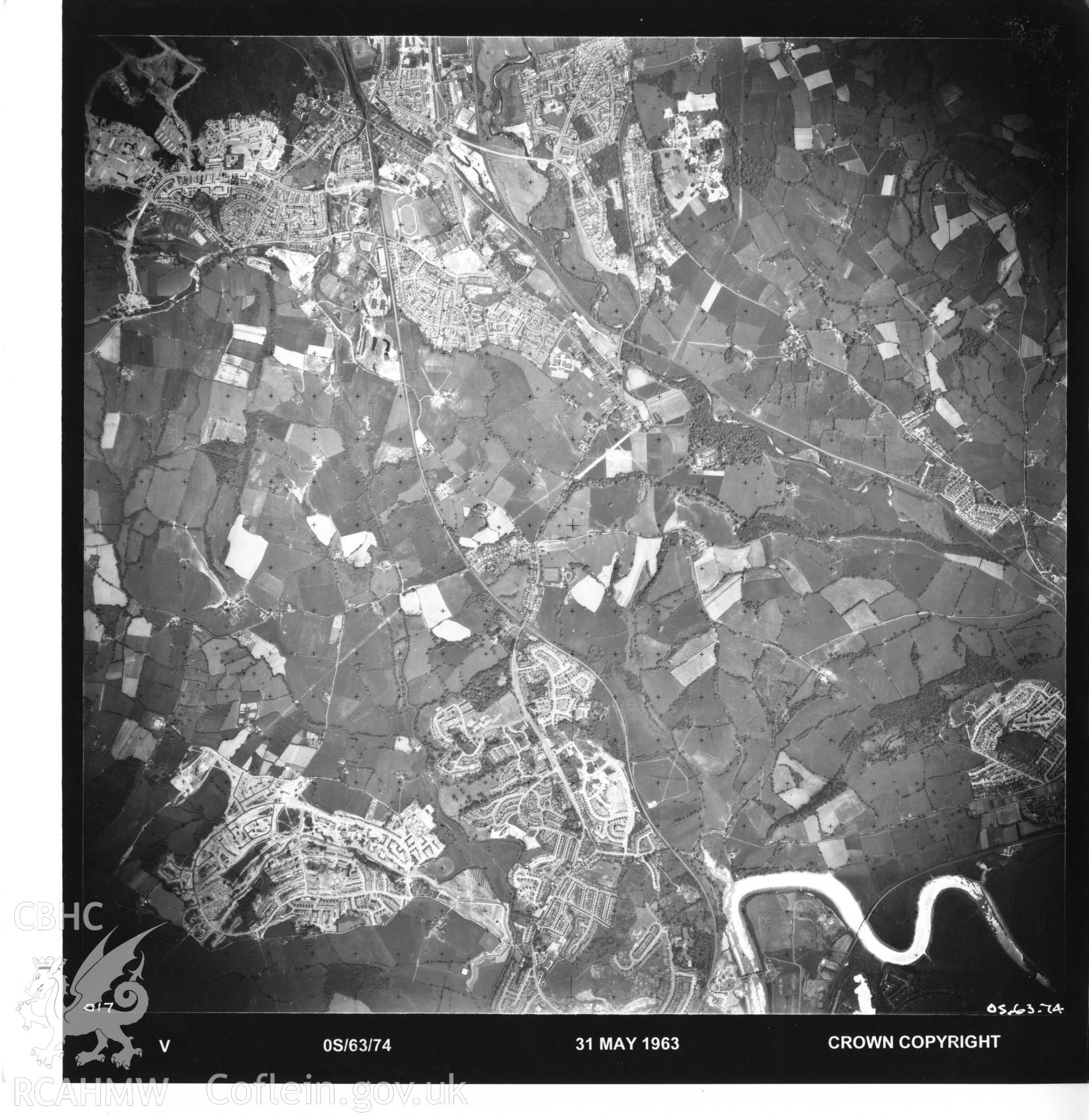 Aerial photograph of Cwmbran, taken on 31st May 1963. Included as part of Archaeology Wales' desk based assessment of former Llantarnam Community Primary School, Croeswen, Oakfield, Cwmbran, conducted in 2017.