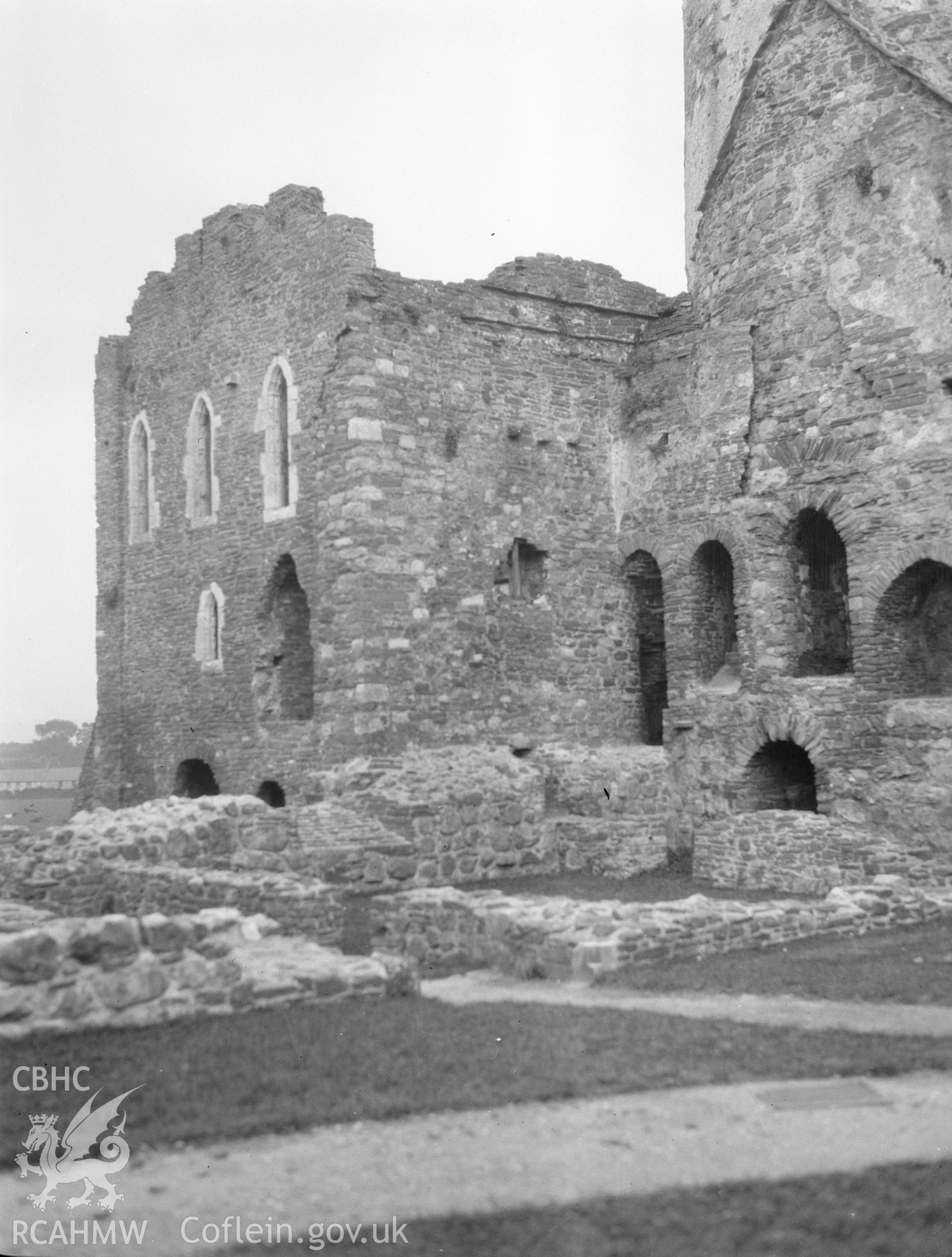 Digital copy of a nitrate negative showing exterior view looking north-west, Kidwelly Castle. From the National Building Record Postcard Collection.