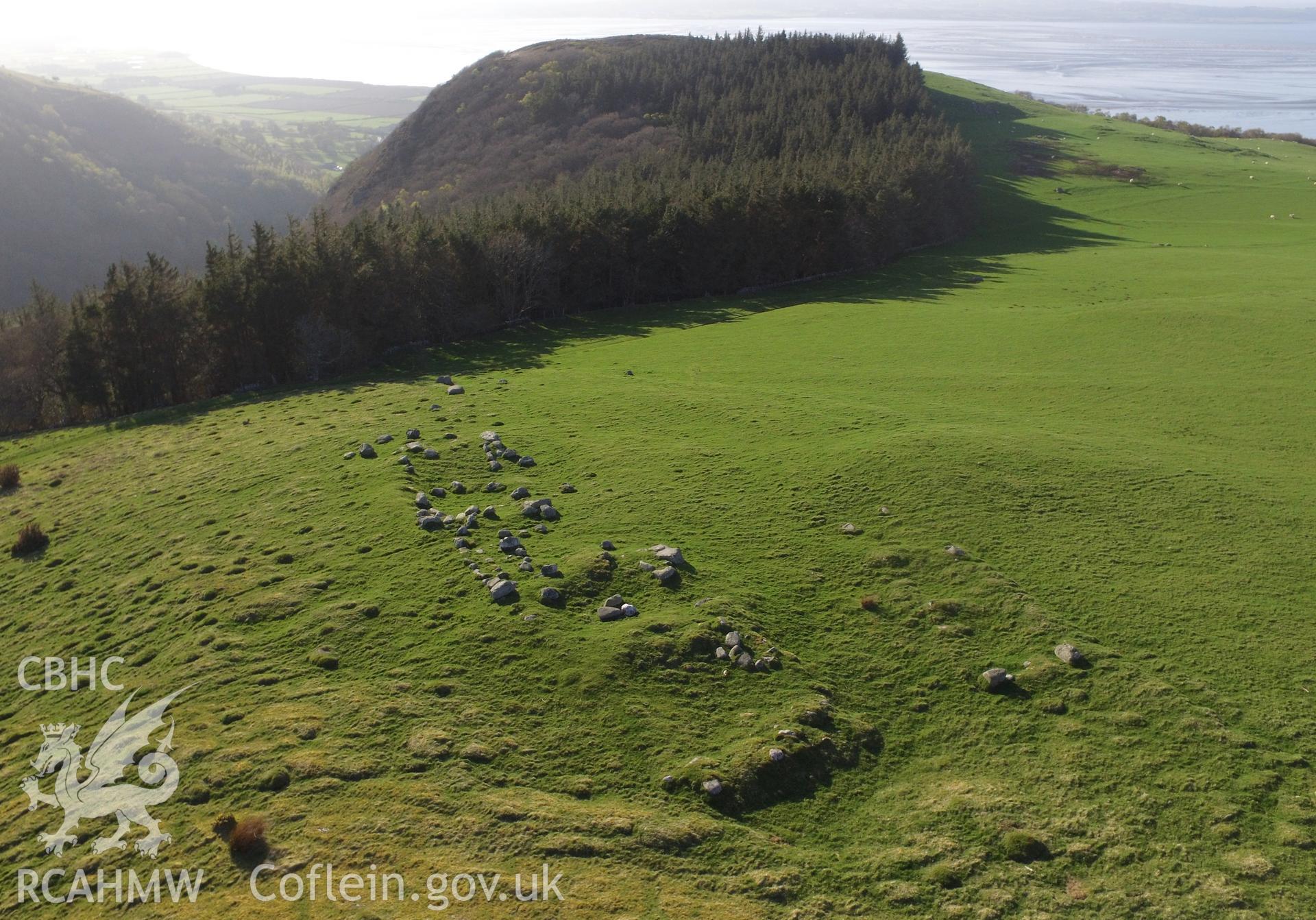 Colour photo showing remains of long hut settlement south east of Maes-y-Gaer, Aber, taken by Paul R. Davis, 19th April 2018.