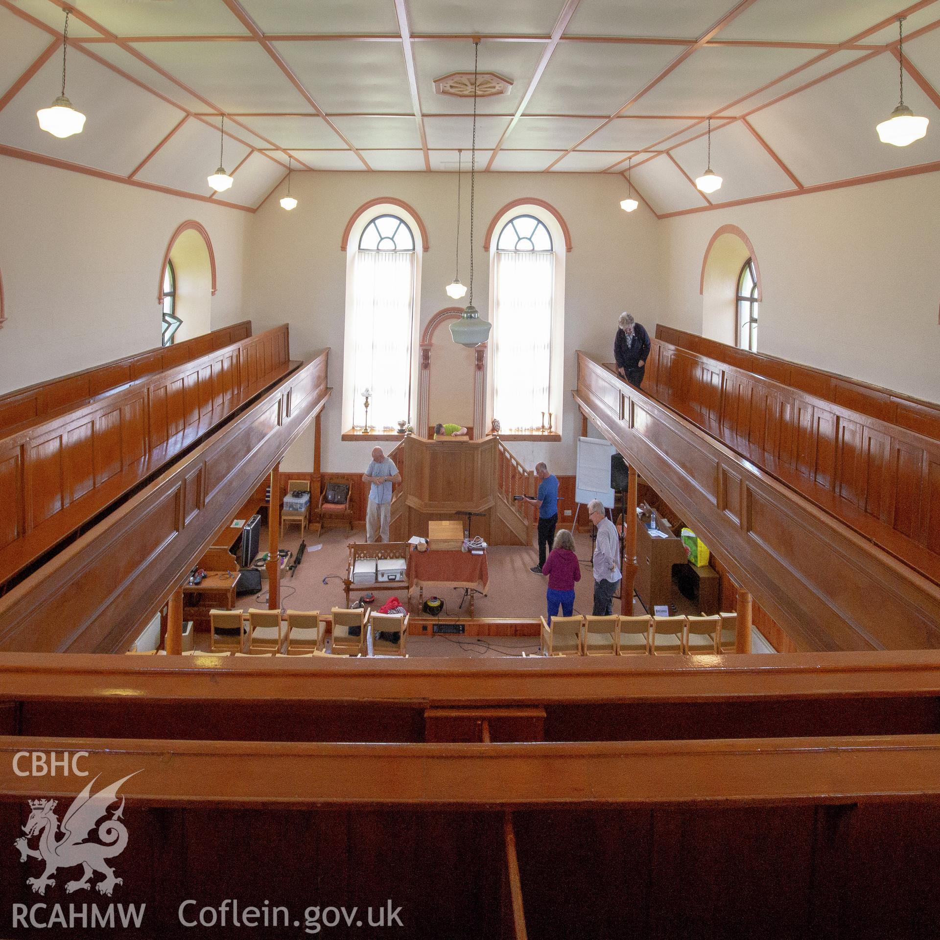 Colour photograph showing interior of Caersalem Welsh Baptist Chapel, Cilgwyn, Nevern. Photographed by Richard Barrett on 22nd June 2018.