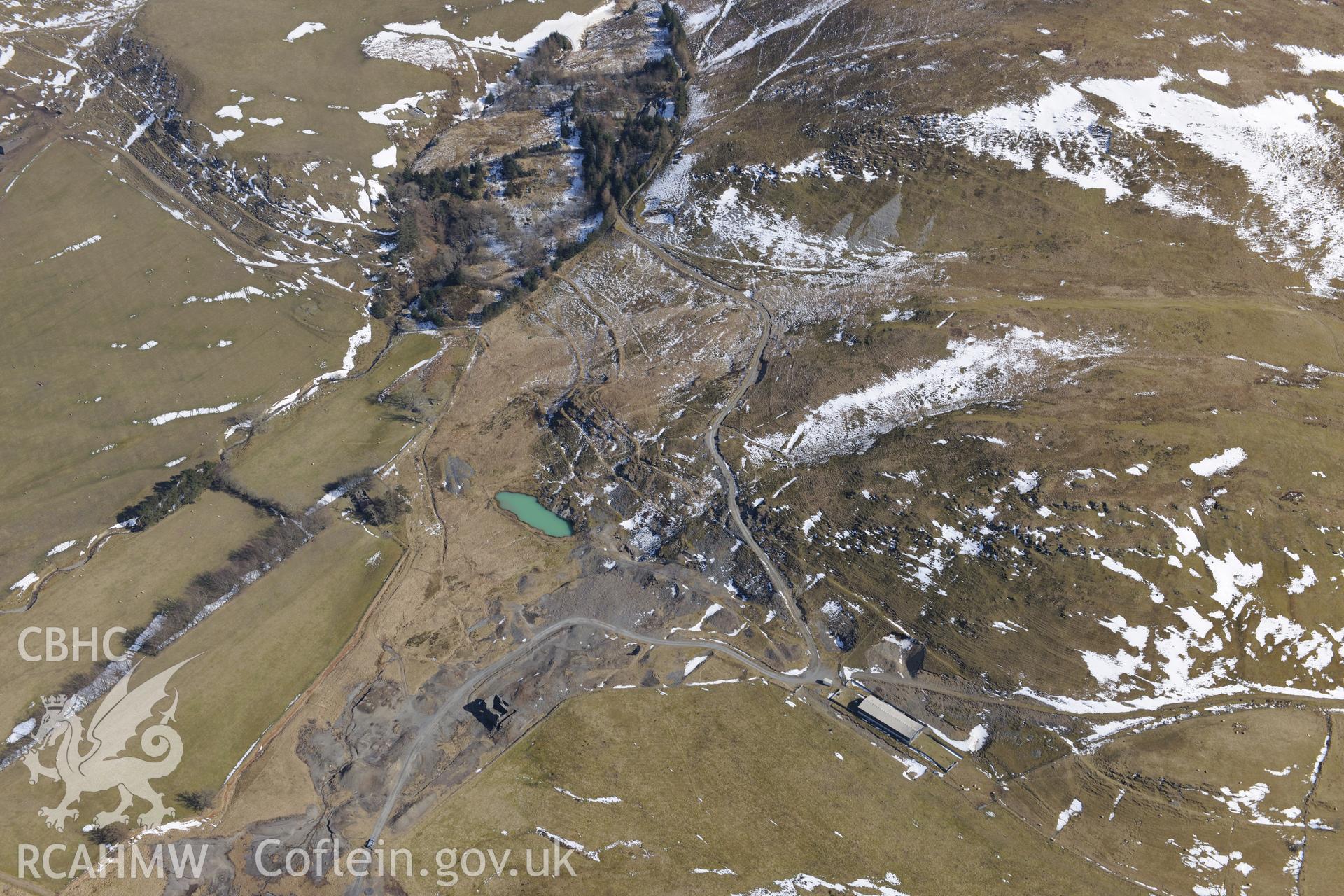 Castell Mine, between Aberystwyth and Llangurig. Oblique aerial photograph taken during the Royal Commission's programme of archaeological aerial reconnaissance by Toby Driver on 2nd April 2013.
