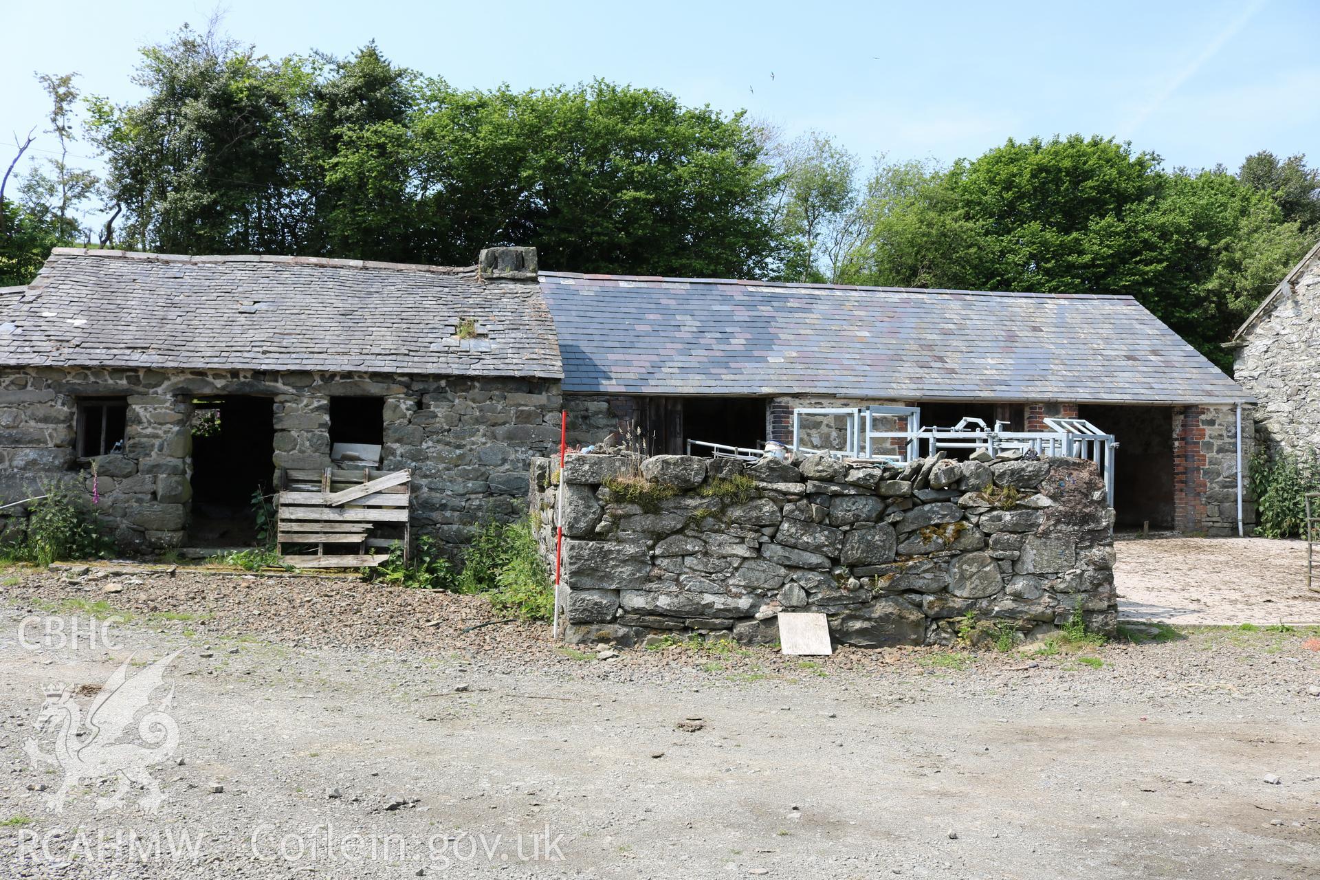 Photograph showing external view of byre house, brew house and shippon, at Maes yr Hendre, taken by Dr Marian Gwyn, 6th July 2016. (Original Reference no. 0173)