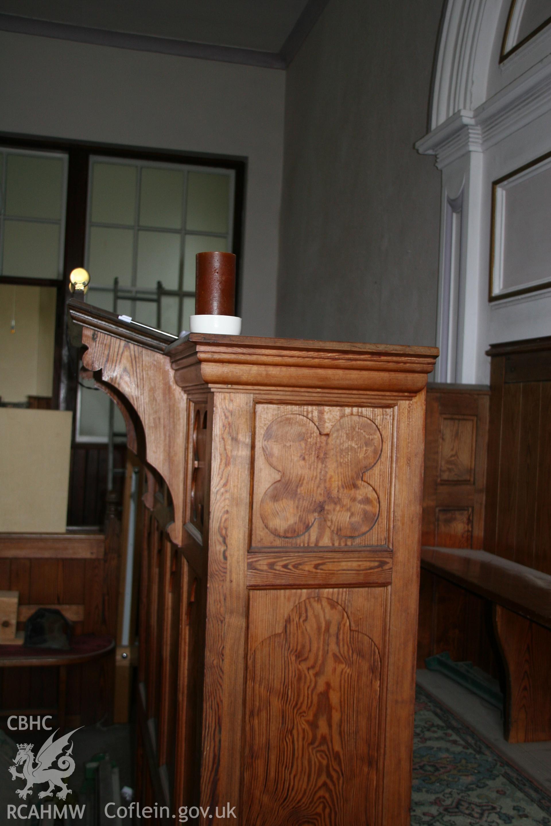 Photograph showing side profile of pulpit at the former Llawrybettws Welsh Calvinistic Methodist chapel, Glanyrafon, Corwen. Produced by Tim Allen on 7th March 2019 to meet a condition attached to planning application.