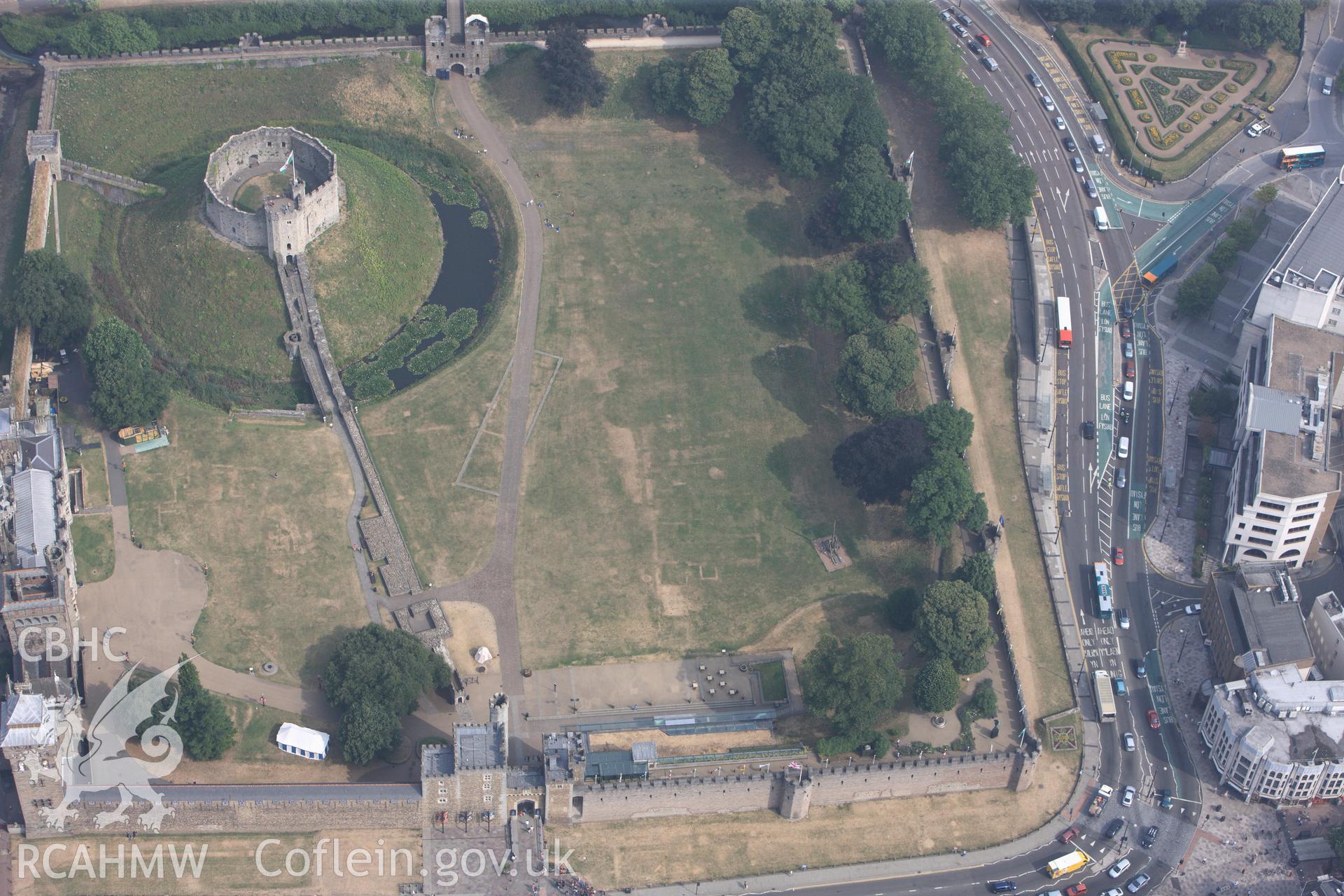 Royal Commission aerial photography of Cardiff Castle taken during drought conditions on 22nd July 2013, with parch marks.