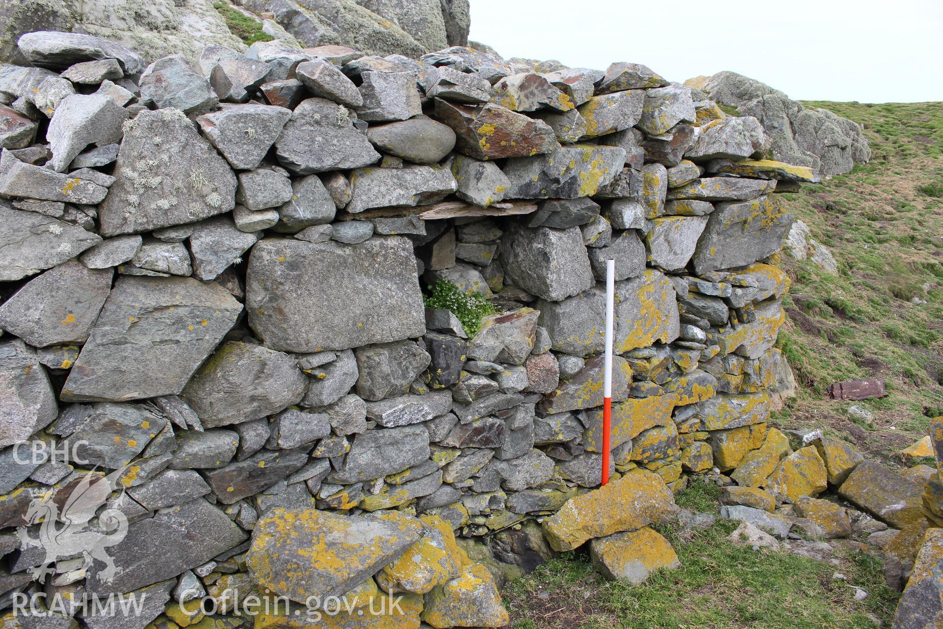 Skerries buoy keeper's cottage or stone shelter. Investigator's photographic survey for the CHERISH Project. ? Crown: CHERISH PROJECT 2018. Produced with EU funds through the Ireland Wales Co-operation Programme 2014-2020. All material made freely available through the Open Government Licence.