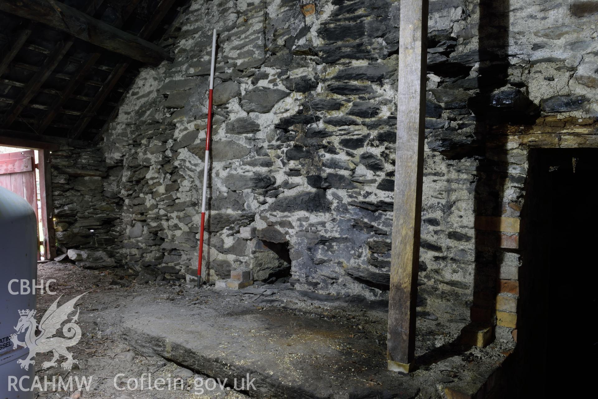 Photograph showing the south internal gable of the forge at Glascoed or Islwyn Smithy, Melin-y-Wig, Denbighshire, by I.P. Brooks of Engineering Archaeological Services Ltd. Taken on 5th April 2019.