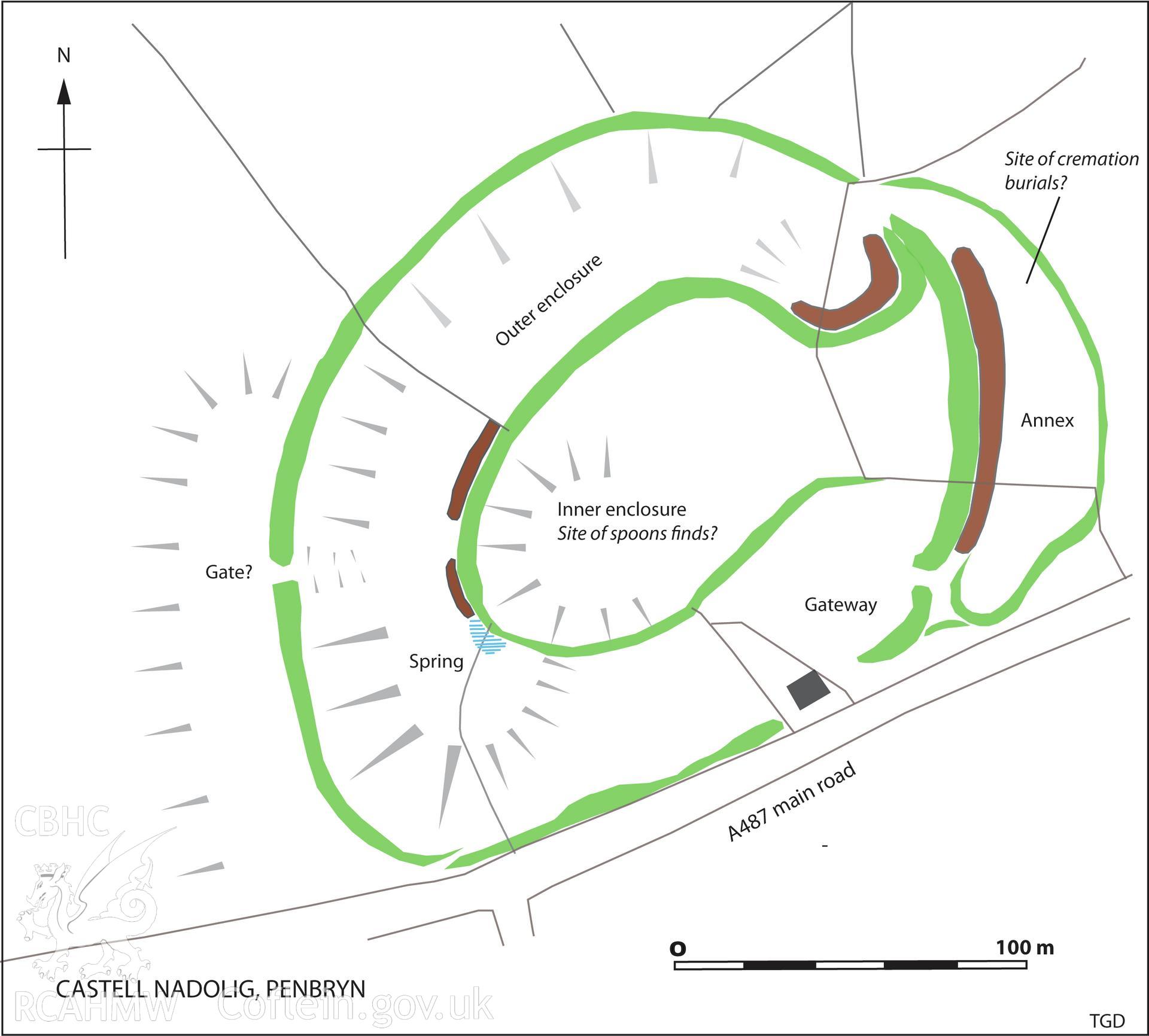 Castell Nadolig, Cwmtydu; .TIFF version of a plan of the hillfort showing detail of previously unmapped low earthworks and other topographic features. Note the position of the spring, and the way the earthworks and gateway are respected by the line of the present-day (and probably ancient) road Ramparts are shown in green, surviving ditches  in brown. Figure 5.6, The Hillforts of Cardigan Bay, Toby Driver.