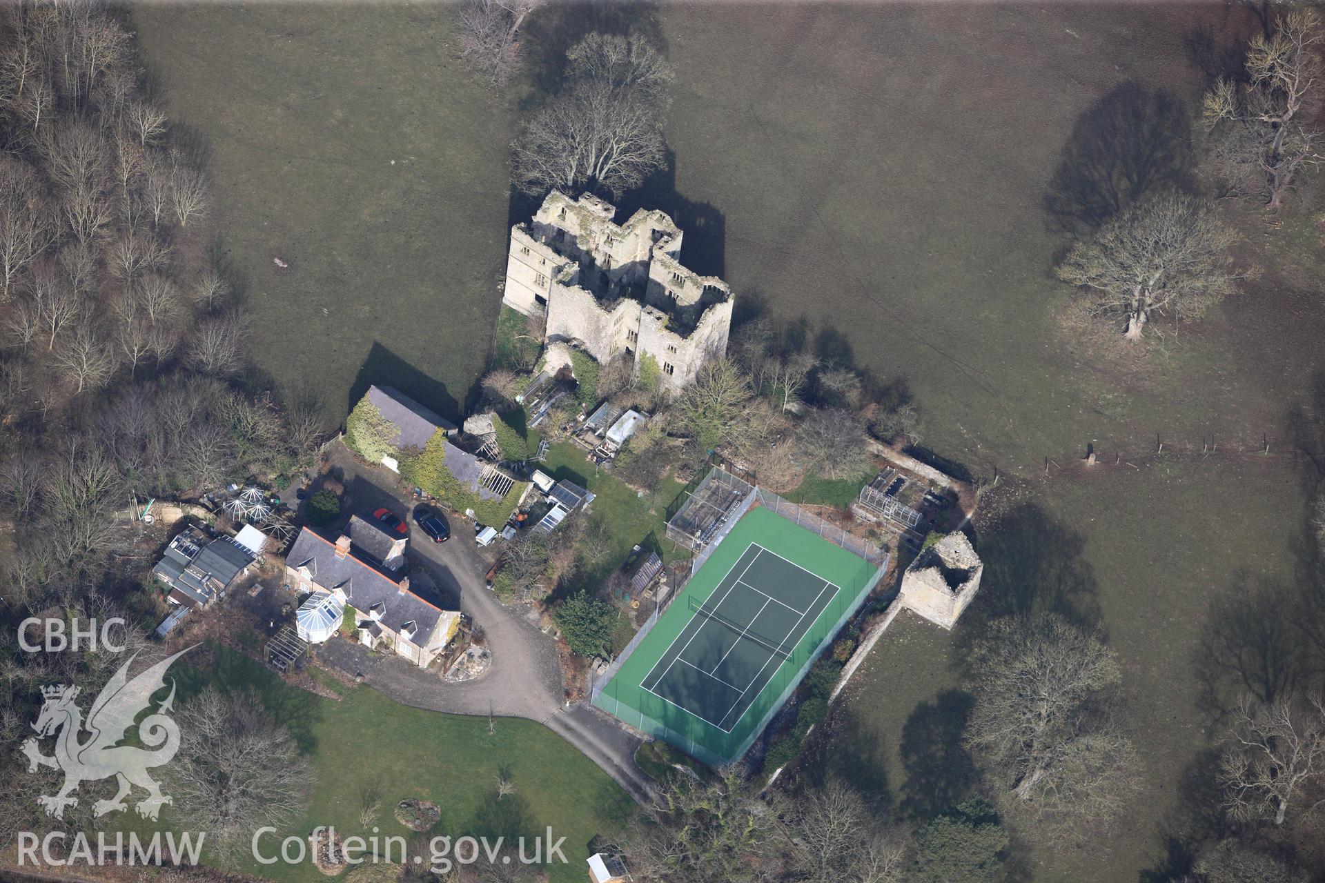 Foxhall Newydd mansion, garden and dovecote, north west of Denbigh. Oblique aerial photograph taken during the Royal Commission?s programme of archaeological aerial reconnaissance by Toby Driver on 28th February 2013.