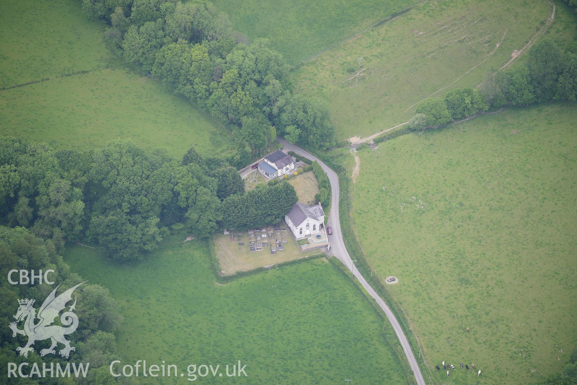 Pontynyswen Calvinistic Methodist chapel, Nantgaredig. Oblique aerial photograph taken during the Royal Commission's programme of archaeological aerial reconnaissance by Toby Driver on 11th June 2015.