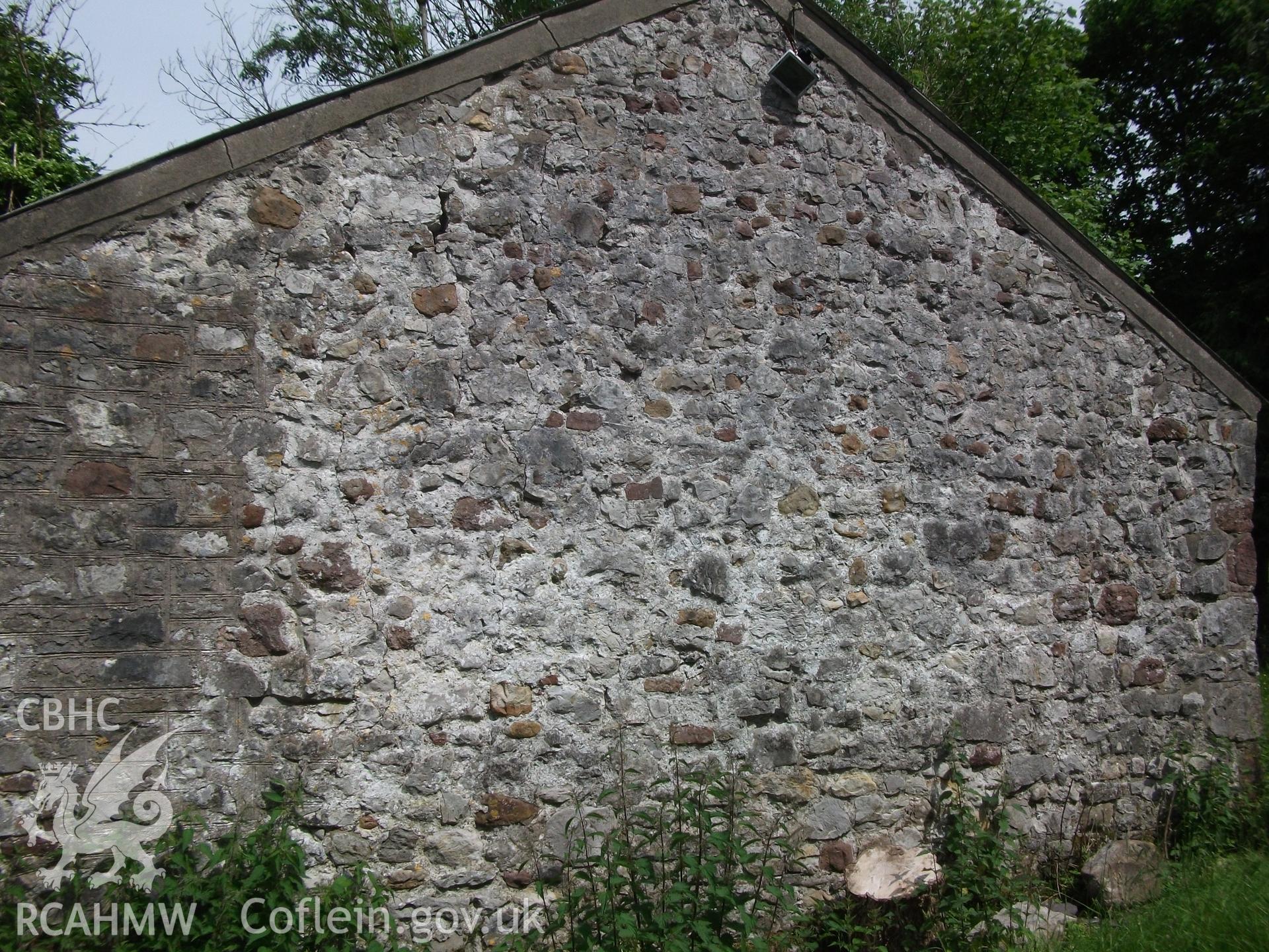 Photograph showing exterior side elevation of 'ale and pail barn,' at Pant-y-Castell, Maesybont, Photographed by Mark Waghorn to meet a condition attached to planning application.