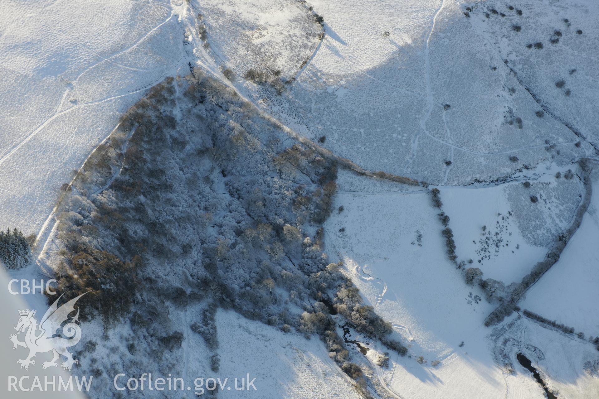 Fforest Wood castle motte, Glascwm, north east of Builth Wells. Oblique aerial photograph taken during the Royal Commission?s programme of archaeological aerial reconnaissance by Toby Driver on 15th January 2013.