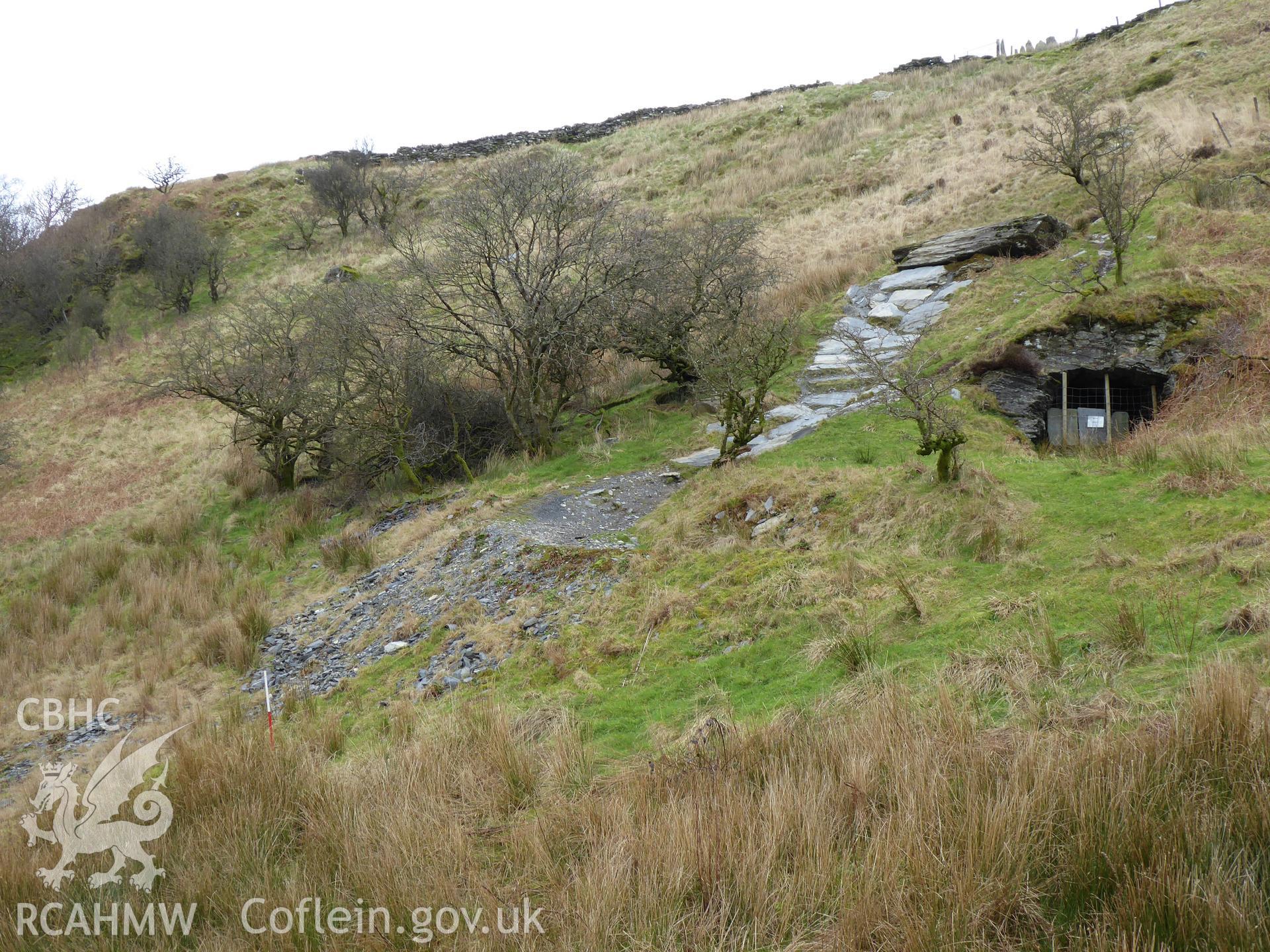 Llechwedd adit, photographed on 13th February 2019 as part of archaeological assessment of Antur Stiniog Downhill Cycle Tracks Extension, conducted by I. P. Brooks of Engineering Archaeological Services Ltd.