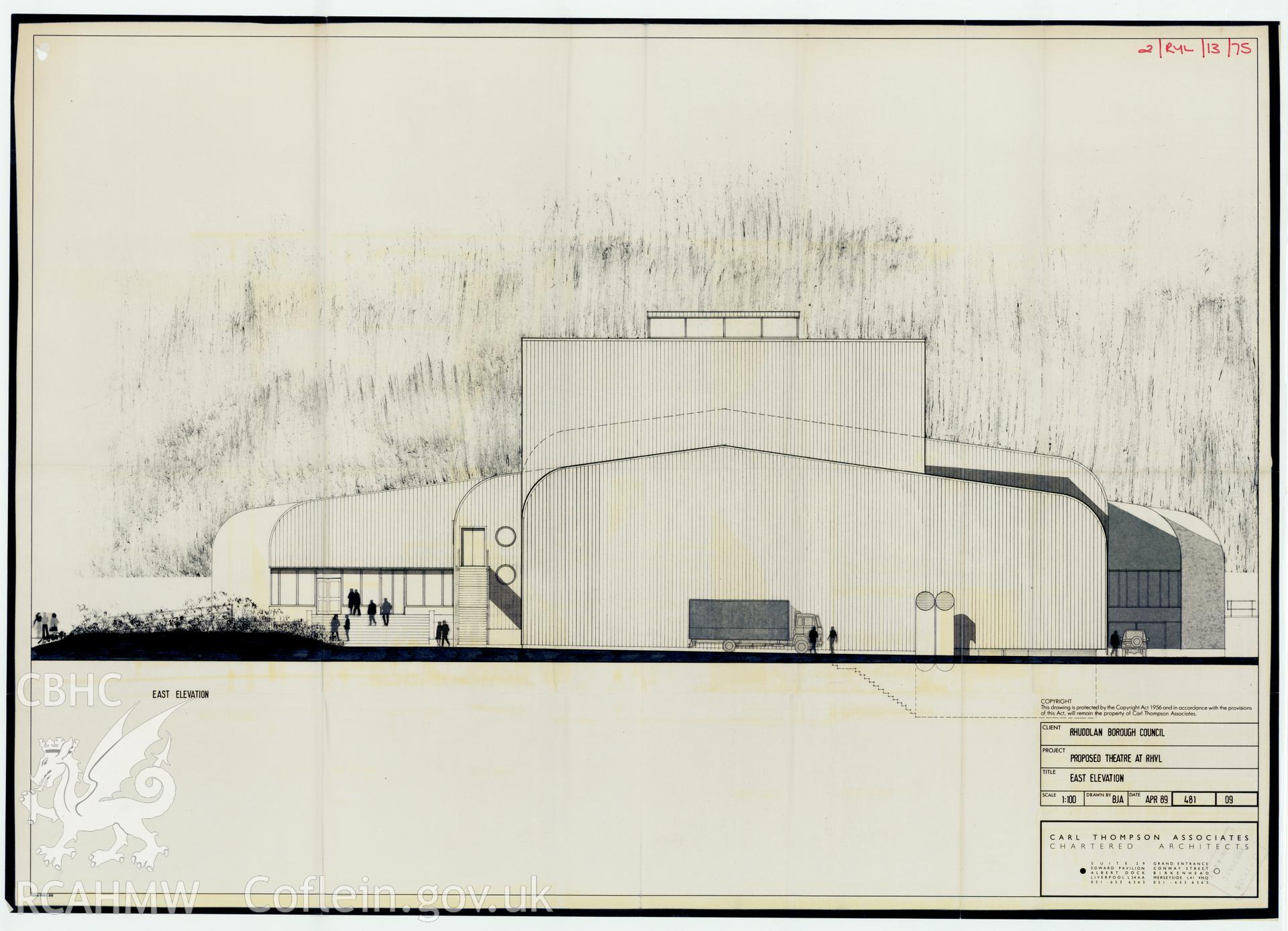 Digital copy of a measured drawing showing the east elevation of the 1989 proposed Theatre, Rhuddlan, produced by Carl Thompson Associates. Loaned for copying by Denbighshire County Council.