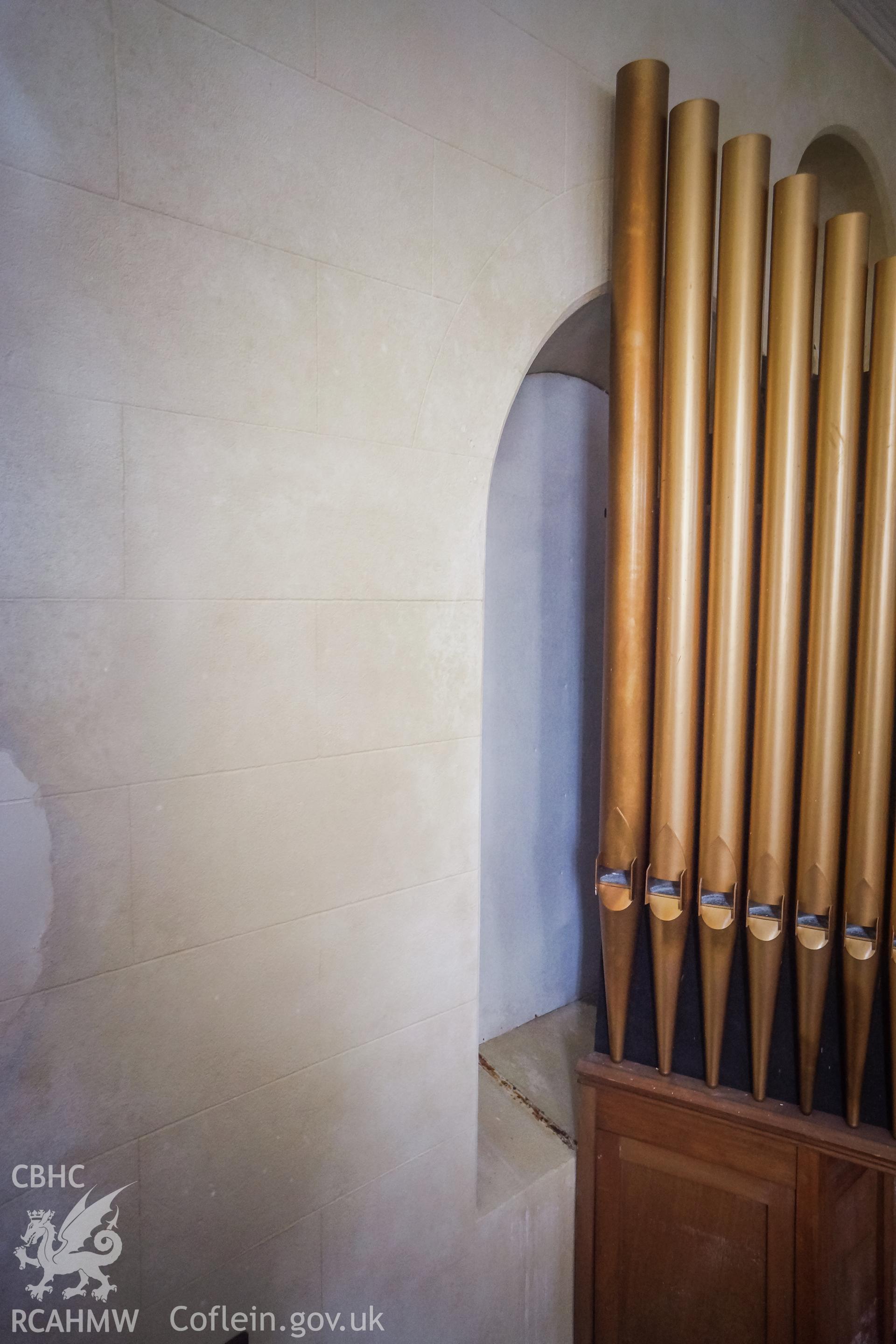 Digital colour photograph showing detailed view of the organ pipes at Pentower Chapel, Fishguard, dated 2019. Photographed by Grace Elliott to meet a condition attached to a planning application.