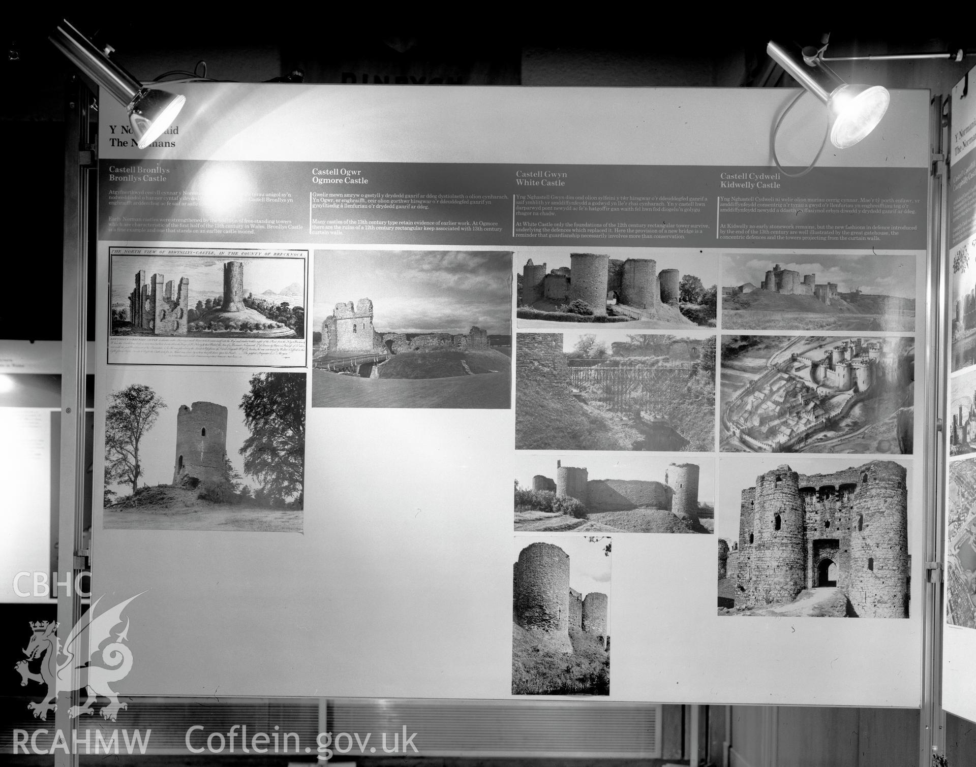 Digital copy of a black and white negative showing Ancient Monuments in Wales Exhibition, Aberystwyth. From Cadw Monuments in Care Collection.