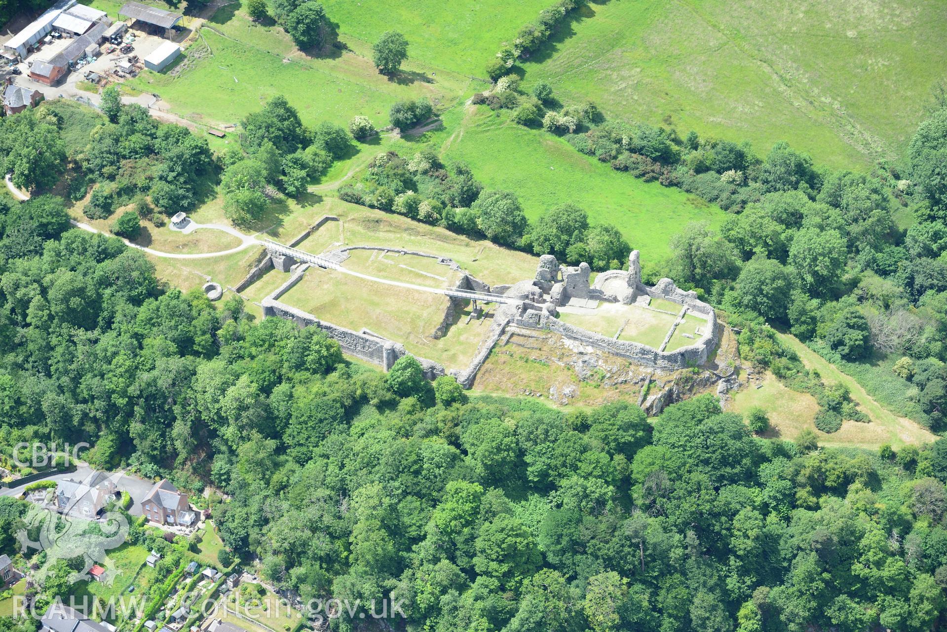 Montgomery Castle. Oblique aerial photograph taken during the Royal Commission's programme of archaeological aerial reconnaissance by Toby Driver on 30th June 2015.