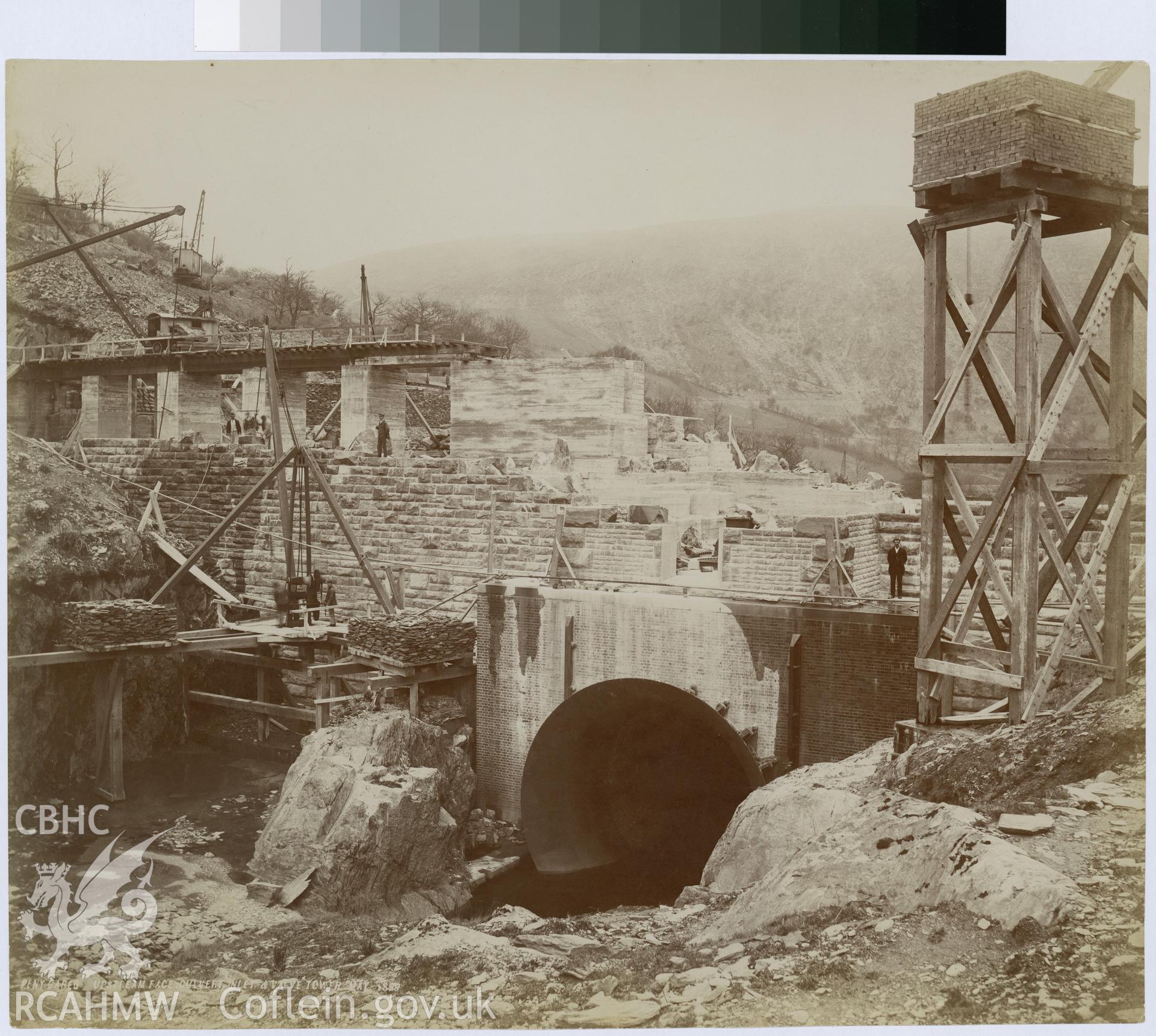 Digital copy of an albumen print from Edward Hubbard Collection showing the Pen y Garreg upstream face culvert inlet and valve tower, taken May 1899.