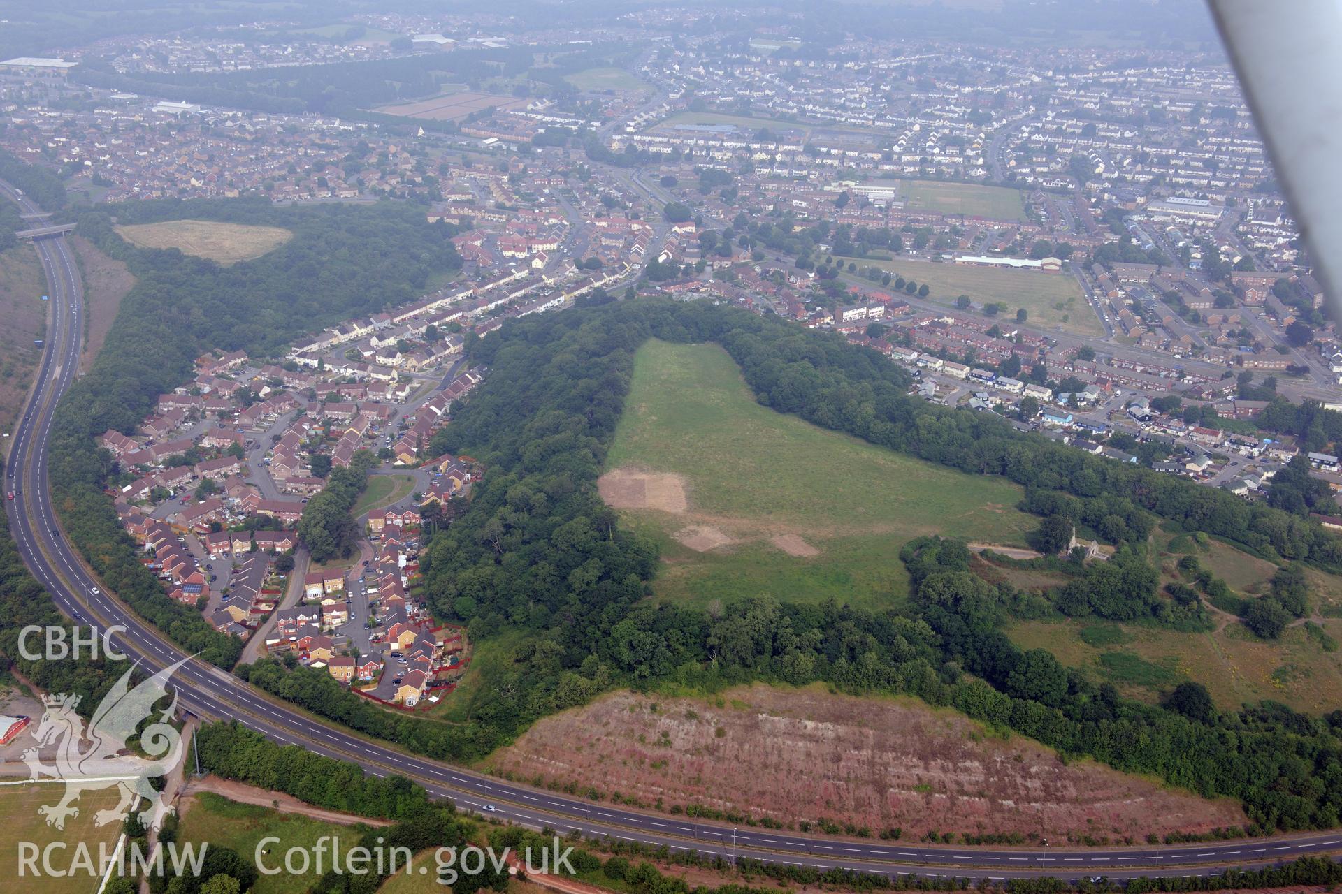 Royal Commission aerial photography of Caerau Hillfort taken during drought conditions on 22nd July 2013, with excavation trenches backfilled.