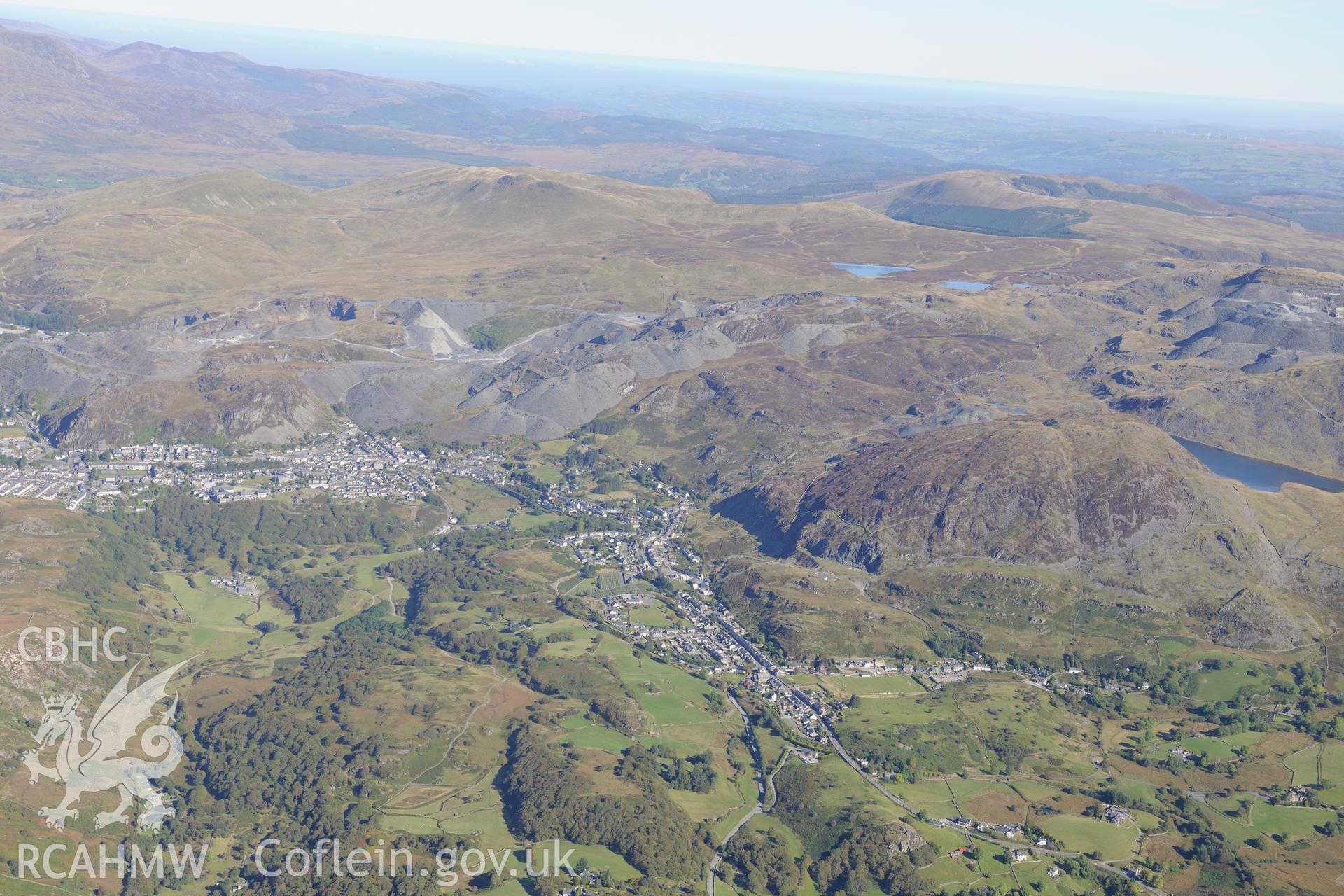 Oakley slate quarry and Llechwedd slate quarry, with Blaenau Ffestiniog below. Oblique aerial photograph taken during the Royal Commission's programme of archaeological aerial reconnaissance by Toby Driver on 2nd October 2015.