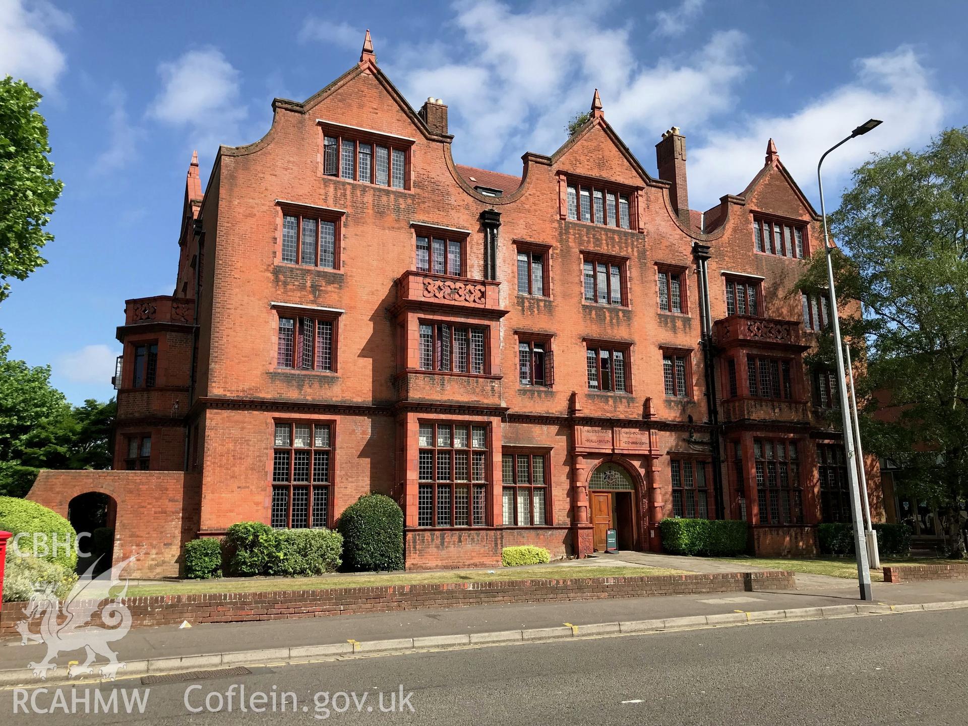 Front elevation of Aberdare Hall at Cardiff University, Cathays Park, Cardiff. Colour photograph taken by Paul R. Davis on 30th June 2018.
