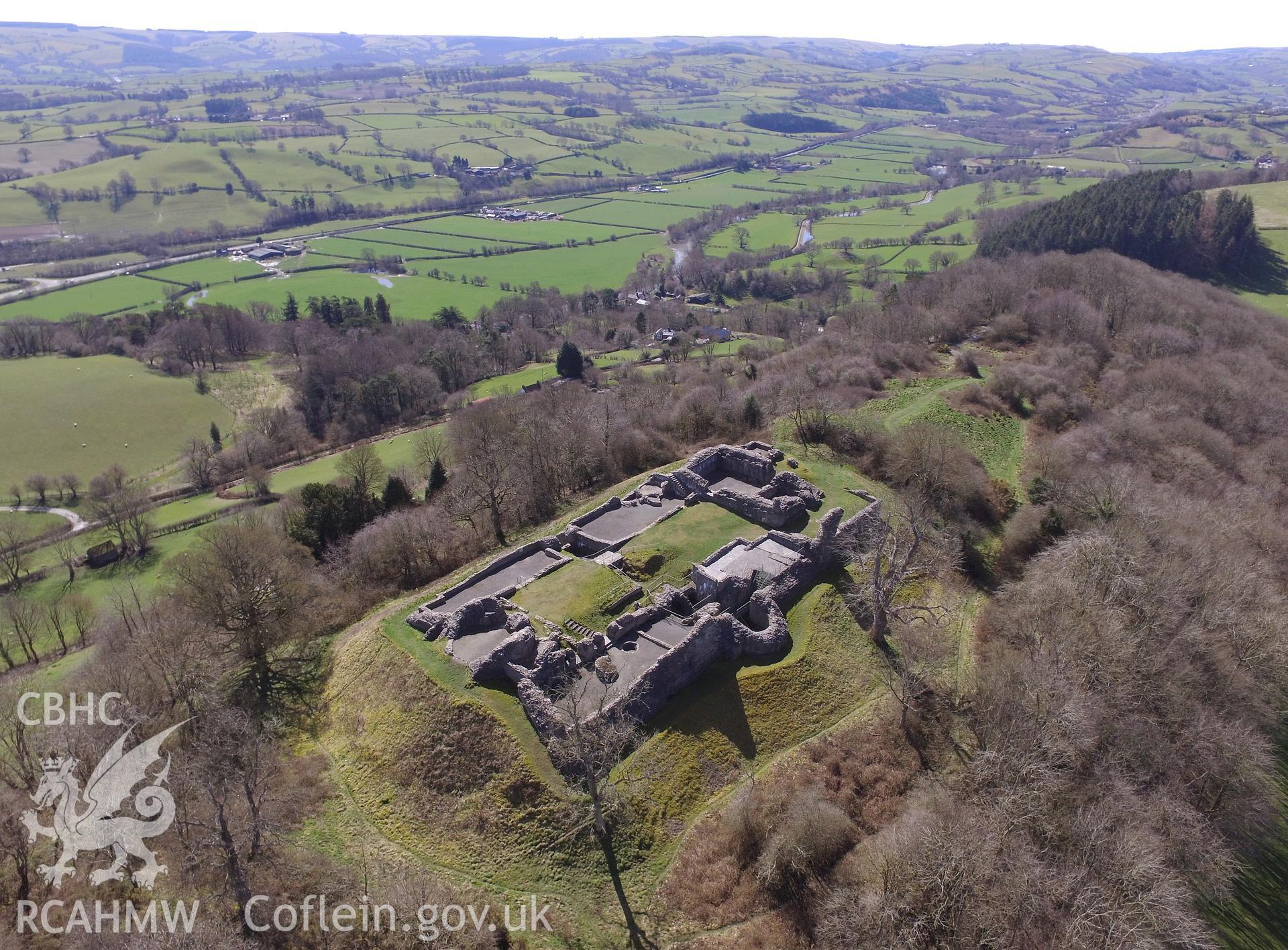Colour photo showing view of Dolforwyn Castle, Abermule, taken by Paul R. Davis, 2018.