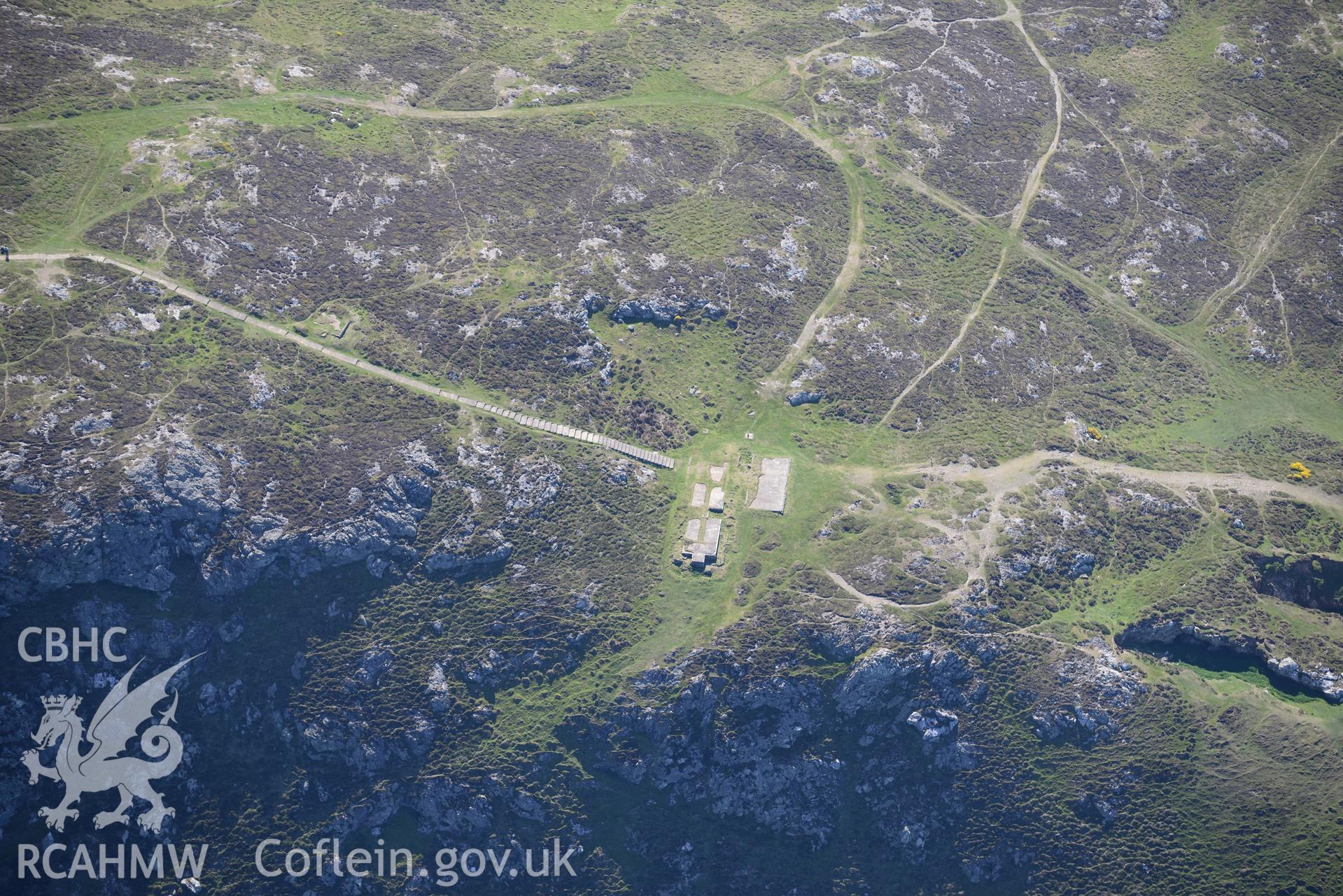 Aerial photography of Mynydd Mawr signal station taken on 3rd May 2017.  Baseline aerial reconnaissance survey for the CHERISH Project. ? Crown: CHERISH PROJECT 2017. Produced with EU funds through the Ireland Wales Co-operation Programme 2014-2020. All material made freely available through the Open Government Licence.
