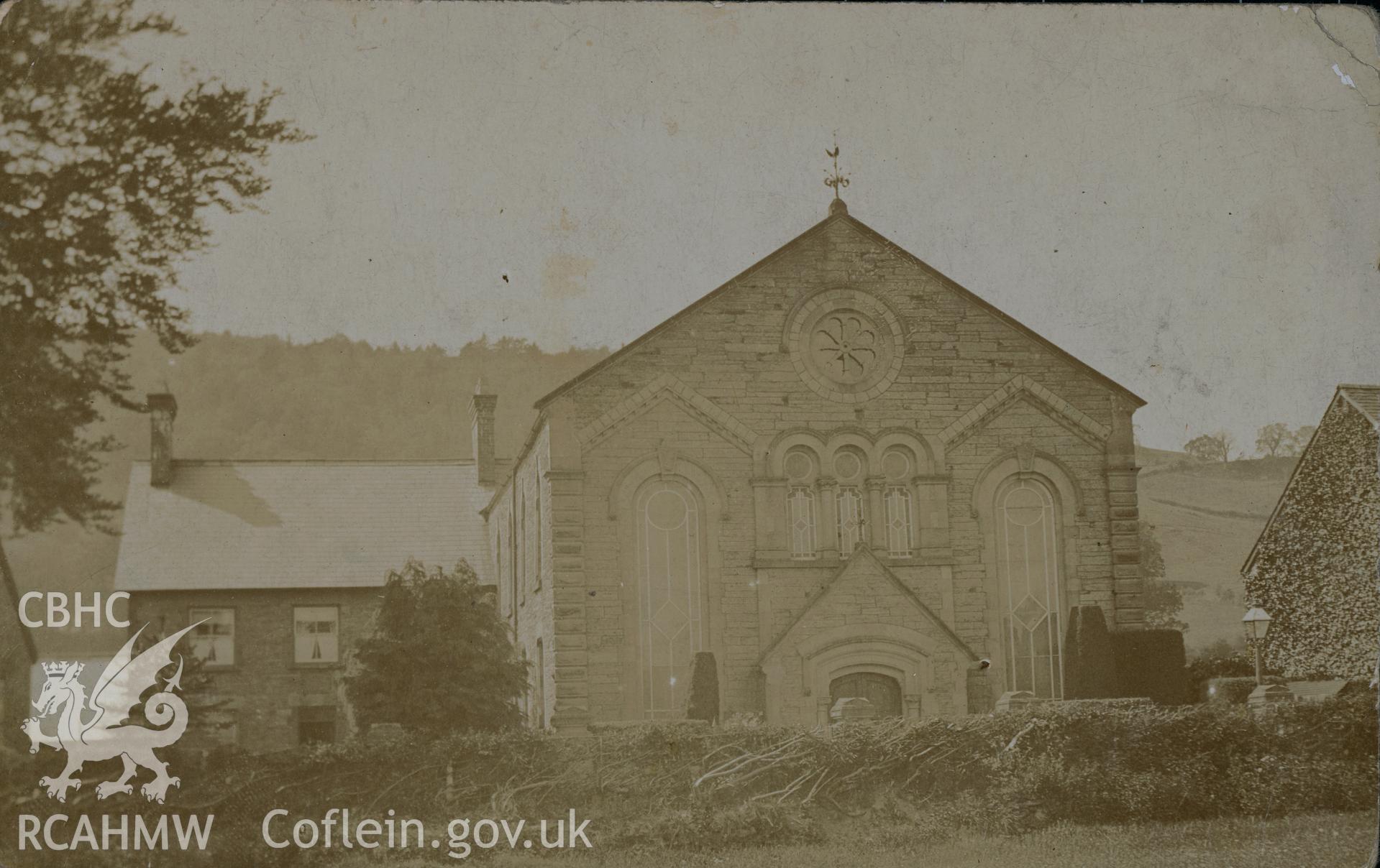 Digital copy of monochrome postcard showing exterior view of Llandderfel Welsh Calvinistic Methodist chapel. Loaned for copying by Thomas Lloyd.