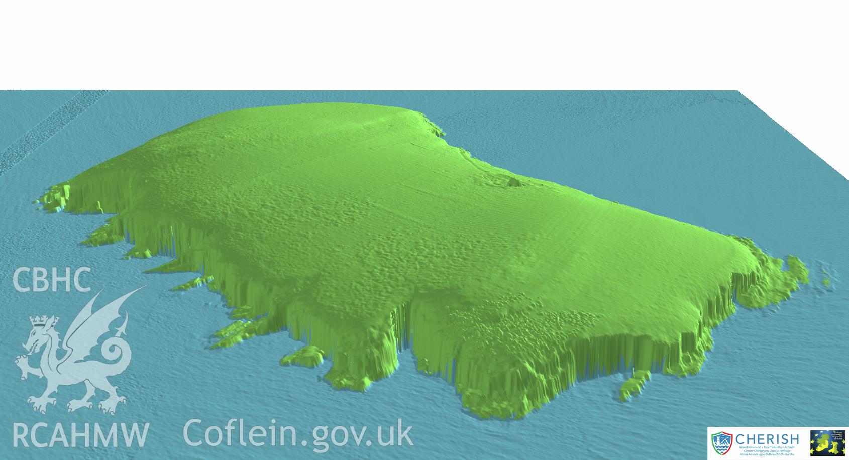 Ynysoedd Tudwal (St. Tudwal?s Islands). Airborne laser scanning (LiDAR) commissioned by the CHERISH Project 2017-2021, flown by Bluesky International LTD at low tide on 24th February 2017. View showing the east island facing east.
