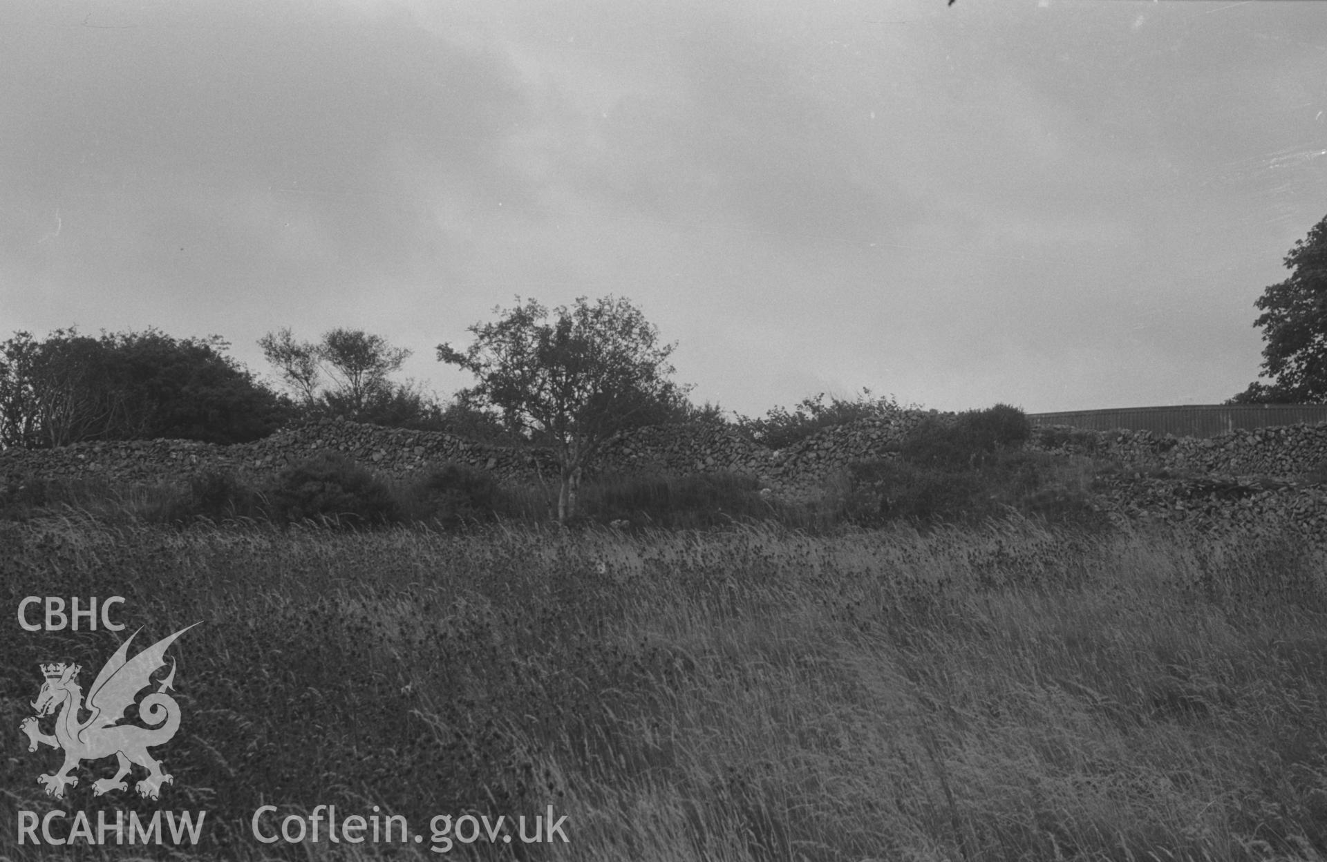 Digital copy of black & white negative showing panorama of Carn Wen's stone rampart, forming a c.? circle and cutting off the point of a promontory overlooking Nant Cloigen. Photograph by Arthur O. Chater, 30 Aug 1967, looking south east from SN 396 471.