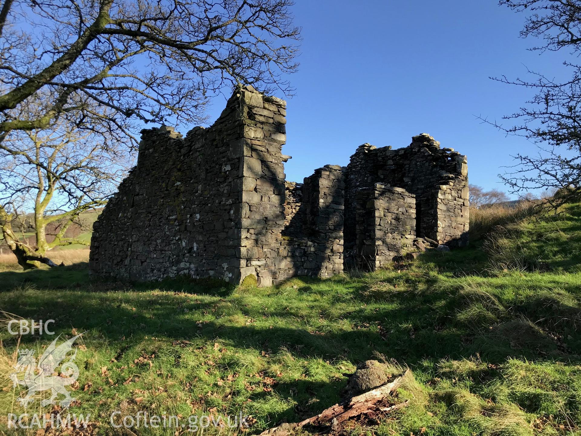 Exterior view of the ruined Caradog house, south west of Bryneithinog farm, Ystrad Fflur. Colour photograph taken by Paul R. Davis on 18th November 2018.