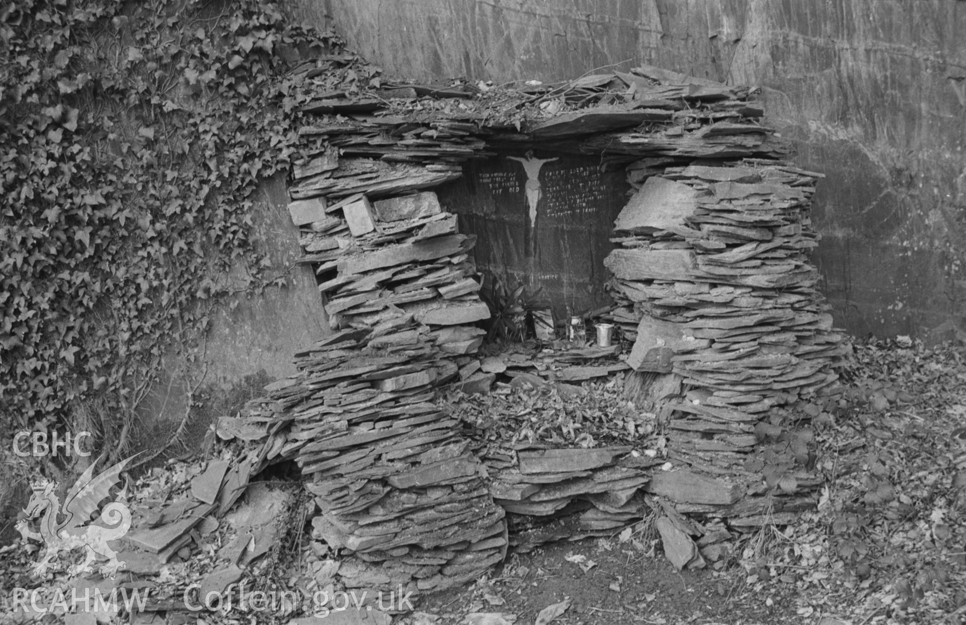 Digital copy of a black and white negative showing shrine to 'Paddy Duffy' Machynlleth. Exact location unknown. Photographed in April 1964 by Arthur O. Chater.