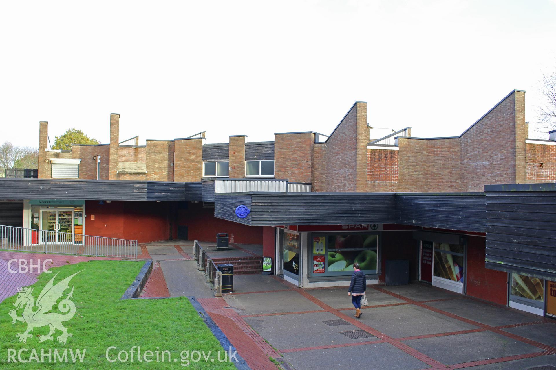 Exterior views of Fairwater Square, Cwmbran, including walkway. Photograph taken by Sue Fielding in November 2017.