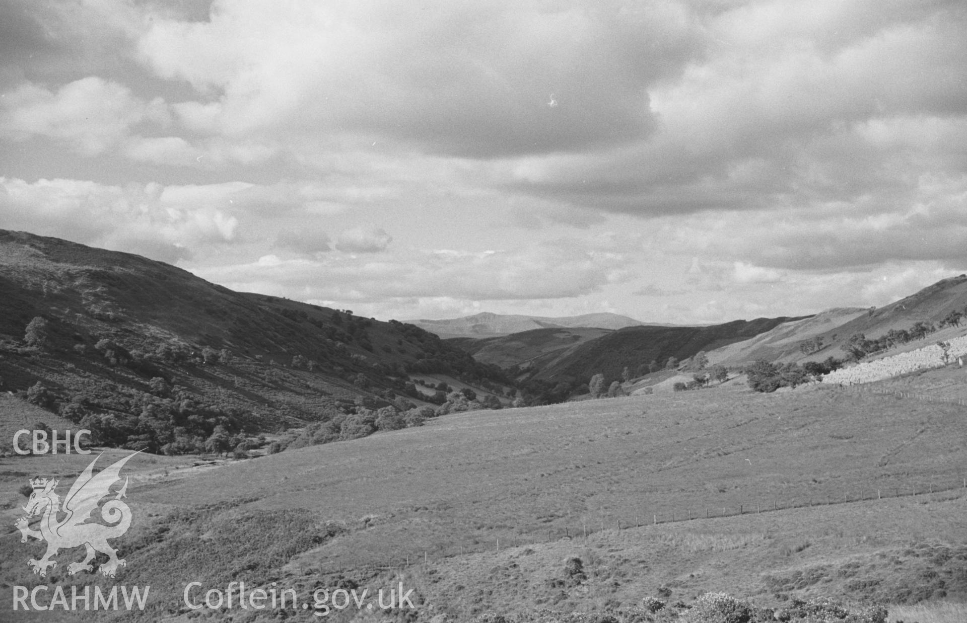 Digital copy of a black and white negative showing view of Cader Idris from Nant y Gog, south of Machynlleth. Photographed by Arthur O. Chater in September 1965 from Grid Reference SN 7585 9458, looking north north west.