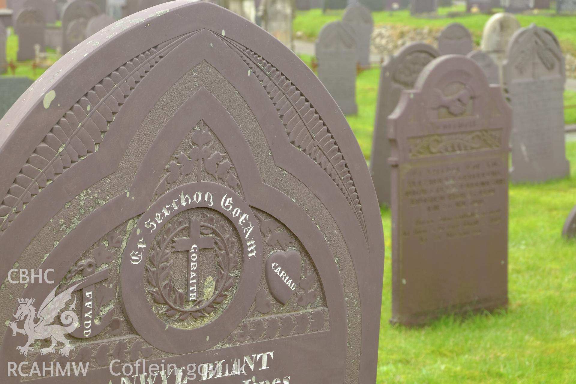 Colour photograph showing detail of slate headstone in Macpela Cemetery, Deiniolen, produced by Richard Hayman 7th March 2017