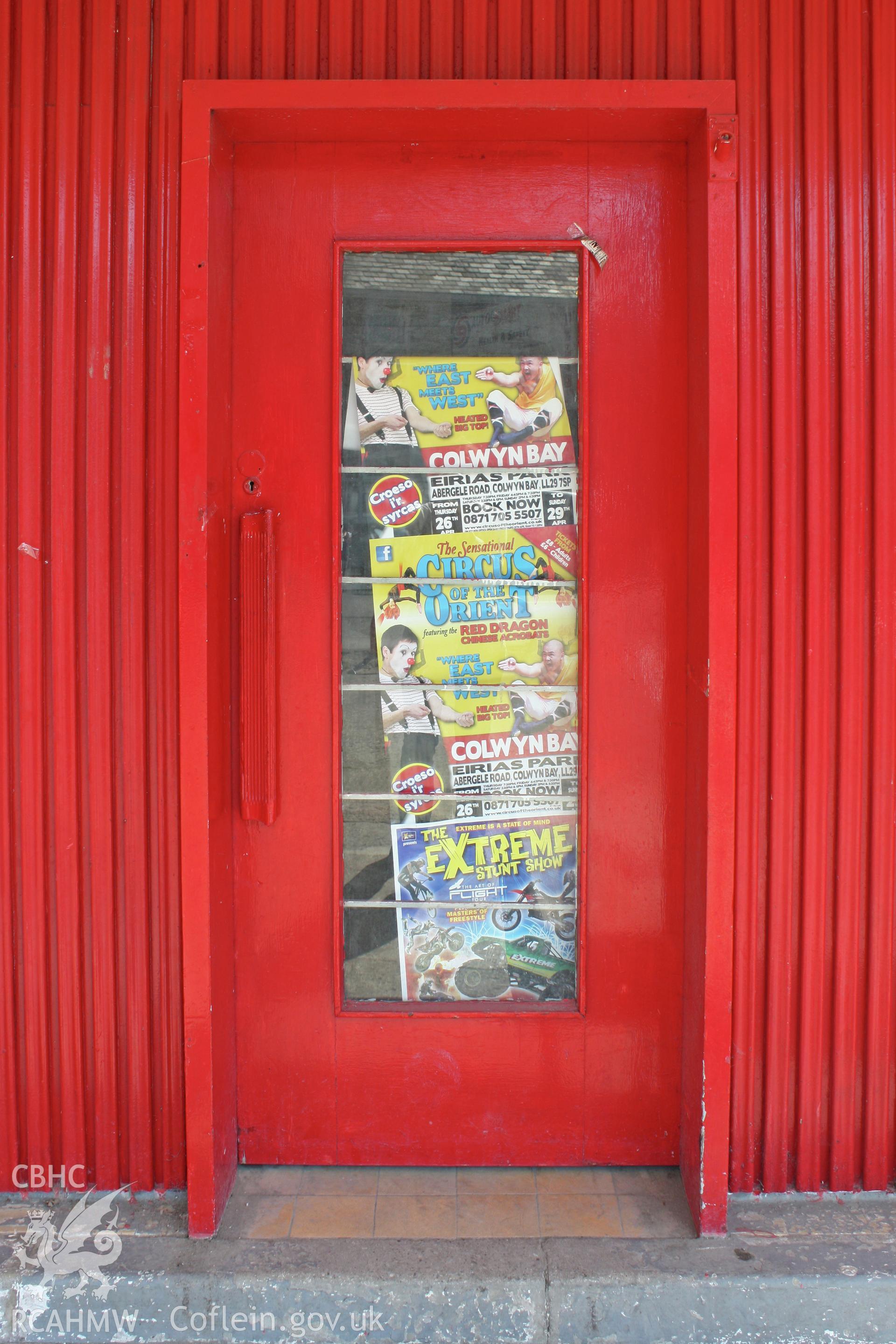 Colour photograph showing exterior of entrance door to the petrol station on Rhyl Road, Denbigh. Photographic survey conducted by Sue Fielding on 26th August 2011.