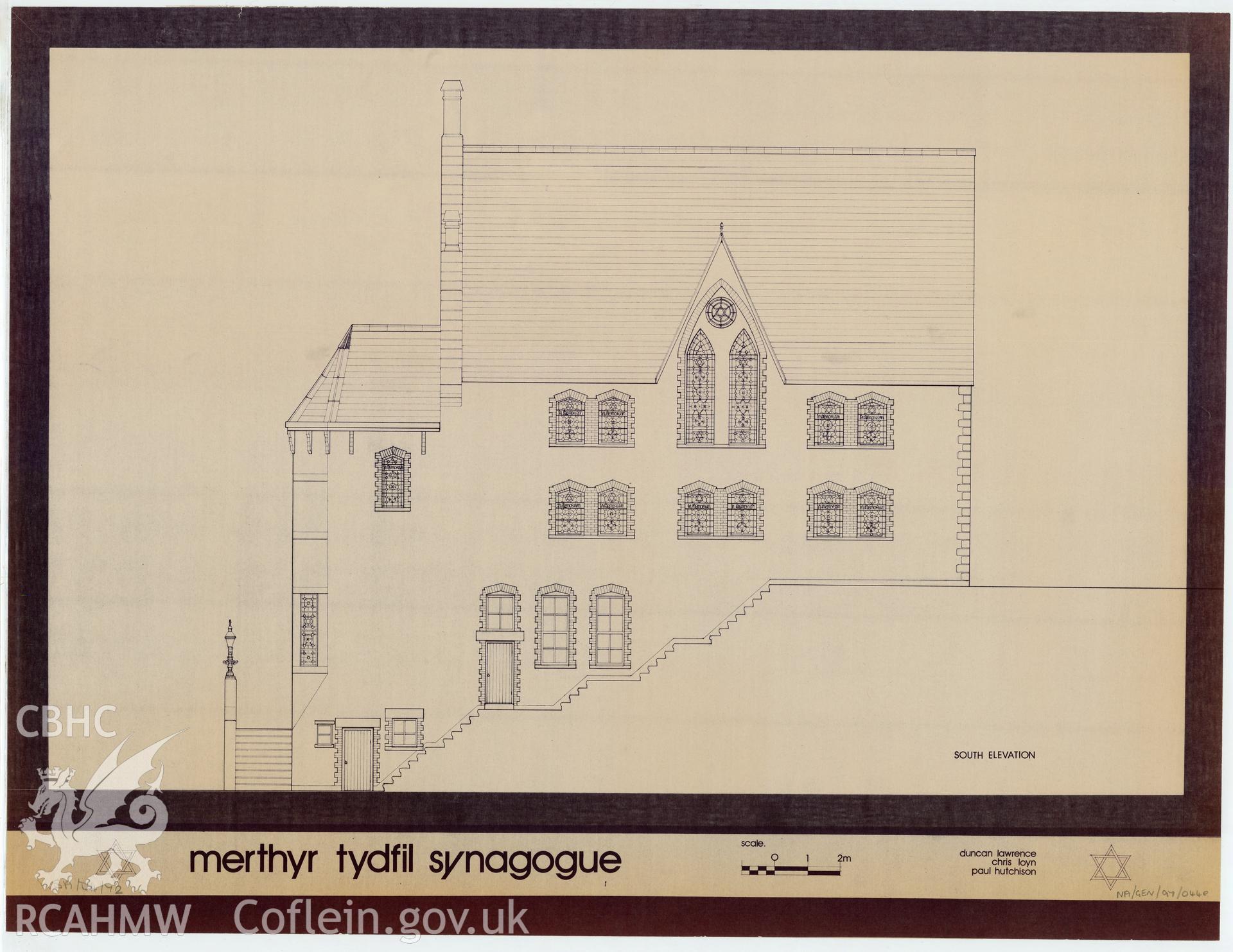 South elevation drawing of Merthyr Tydfil Synagogue. ref. WSA/D4/72. nprn 11795.