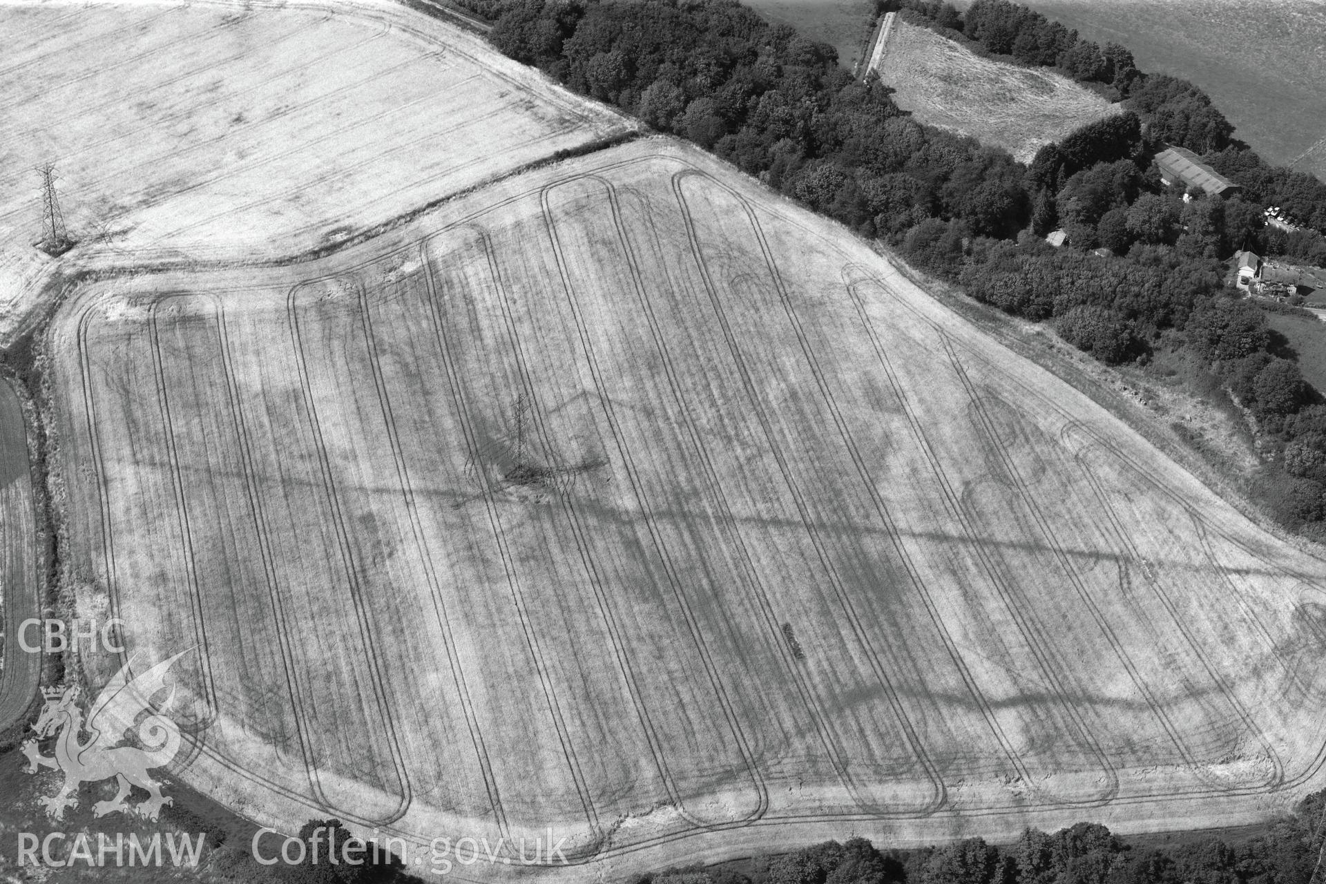 Malthouse Road defended enclosure and Graig-yr-Eurych castle mound (covered by woodland), between Caerleon and Cwmbran. Oblique aerial photograph taken during the Royal Commission?s programme of archaeological aerial reconnaissance by Toby Driver on 1st August 2013.