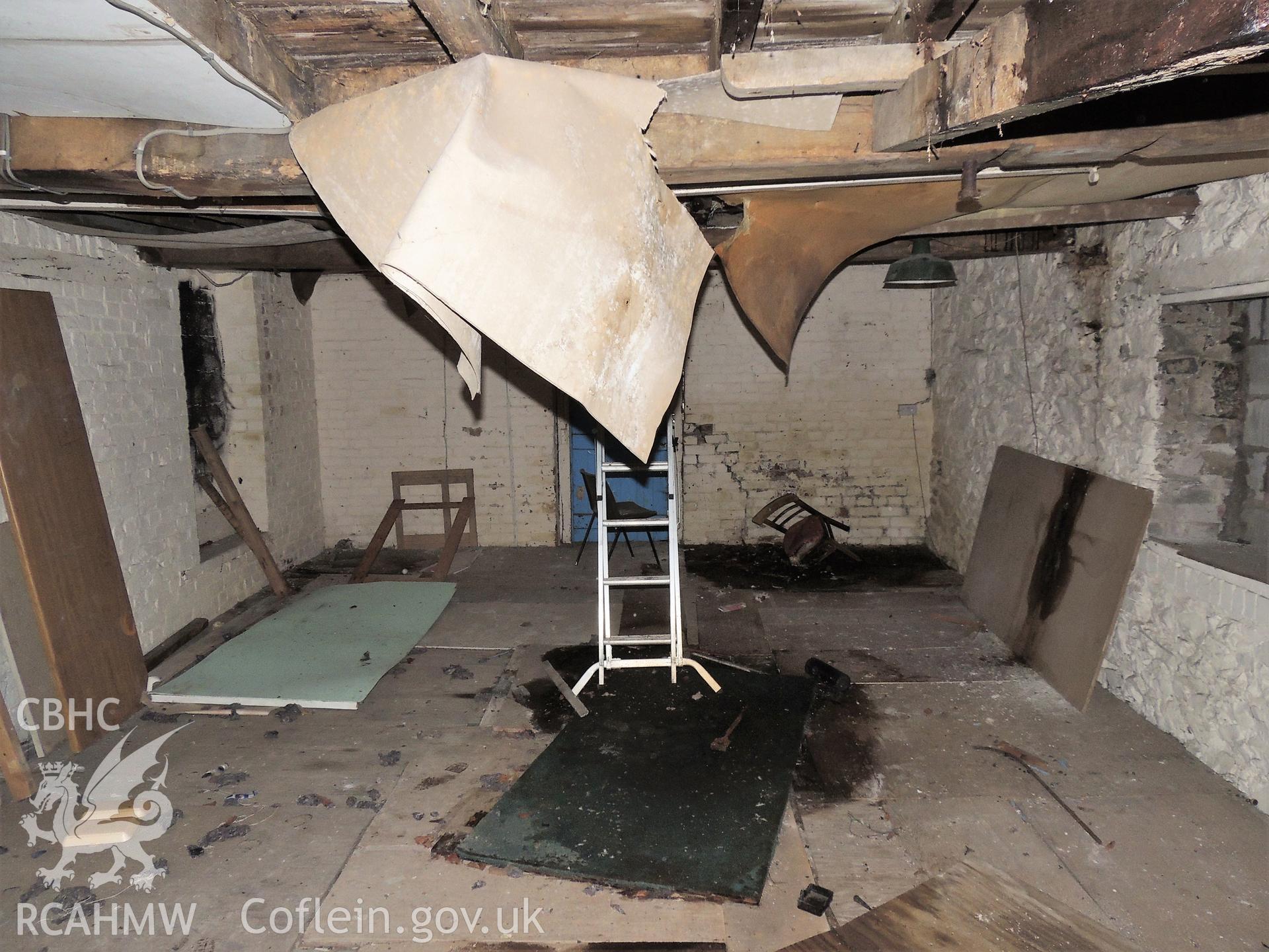 View of old mill area, first floor, looking north east. Photographed as part of archaeological building survey of The Old Sawmill, Llanidloes, Powys, conducted by Archaeology Wales, 2018. Project no. 2583. Report no. 1645.