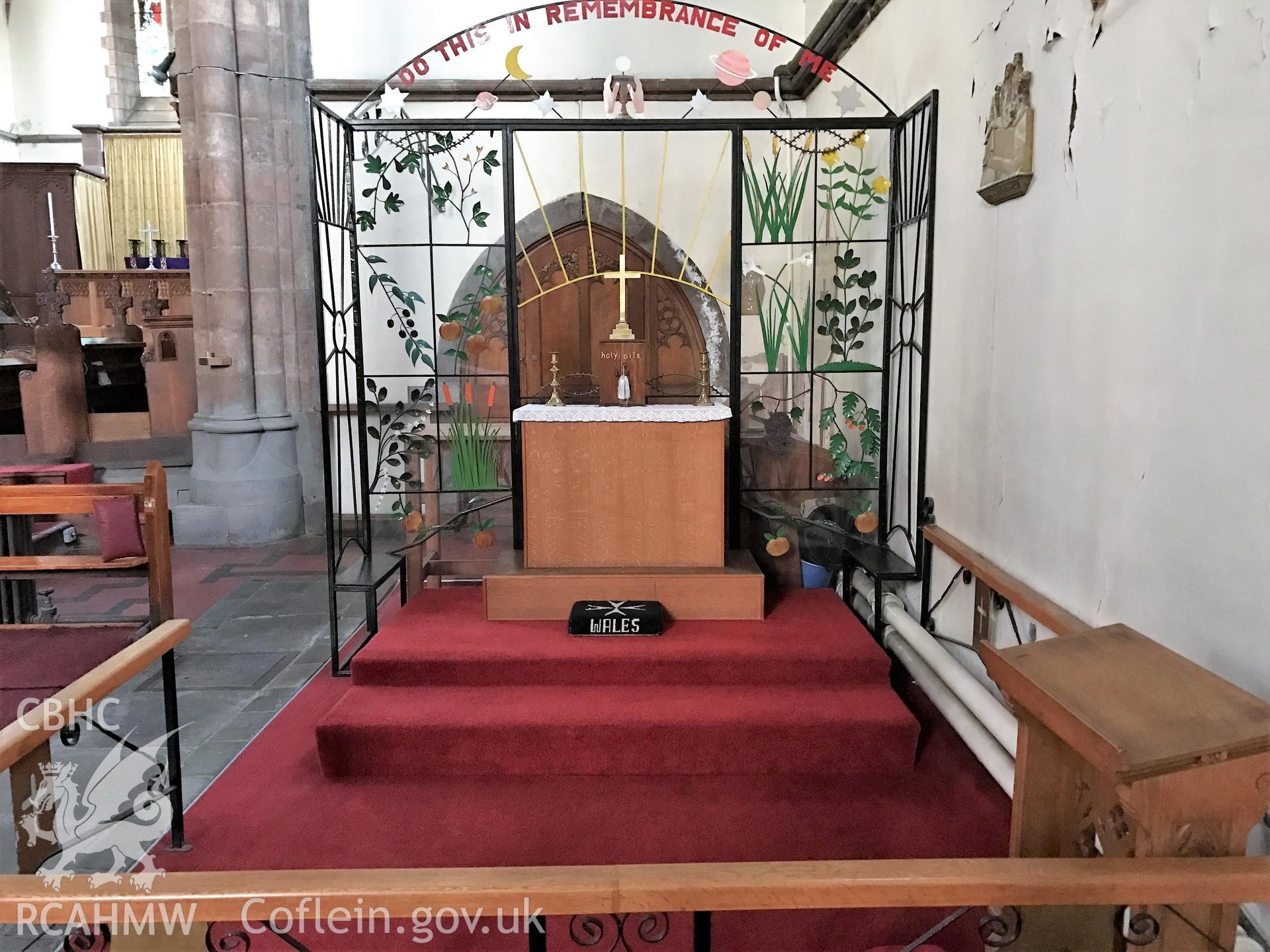 Colour photo showing the screen and surrounding altar rail in the Memorial Chapel at St Paul's Church, Grangetown, taken by Revd David T. Morris, 2018.