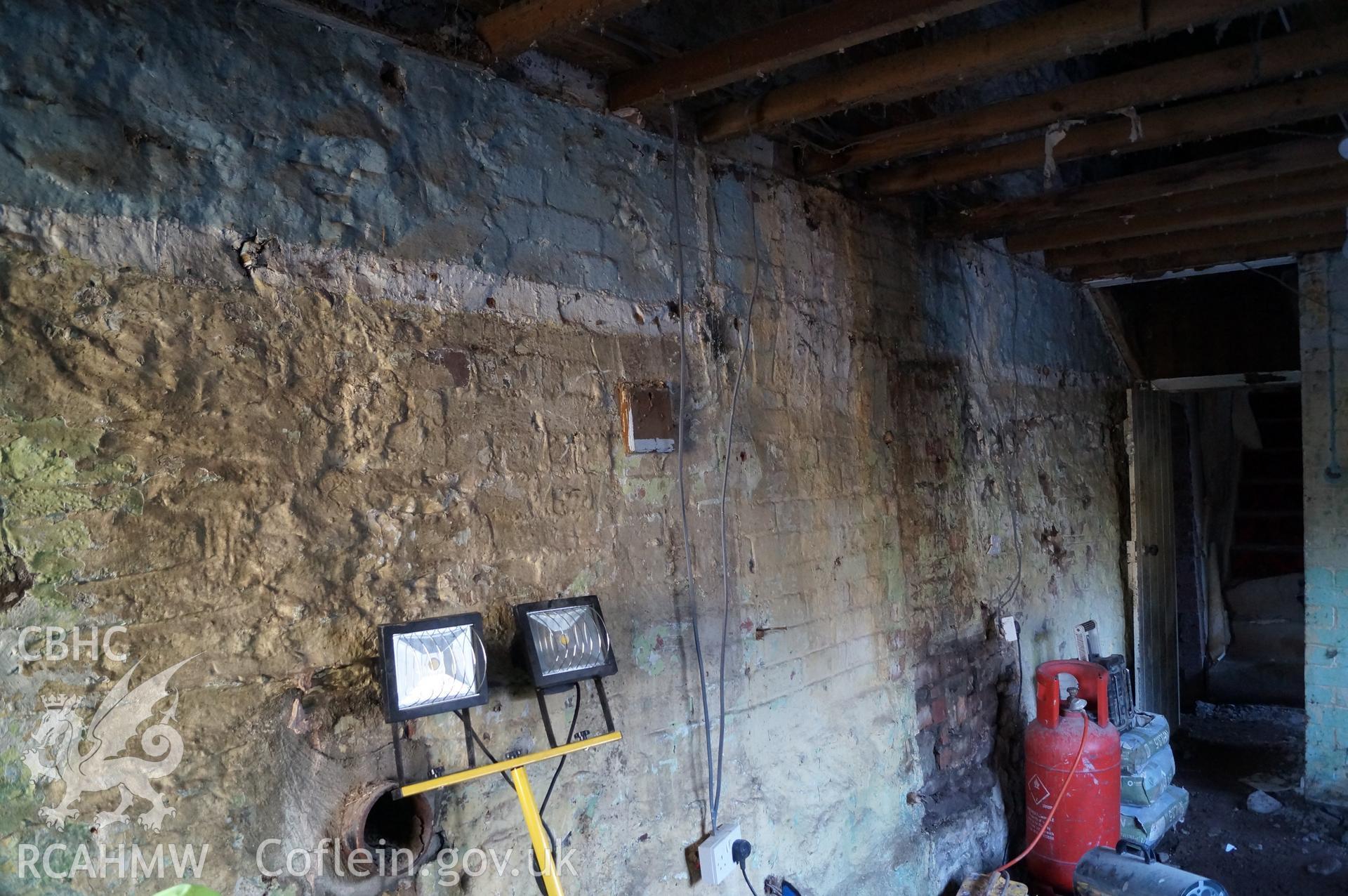 Internal view 'looking west showing the kitchen annex on the western side of the stable' on Gwrlodau Farm, Llanbedr, Crickhowell. Photograph and description by Jenny Hall and Paul Sambrook of Trysor, 9th February 2018.