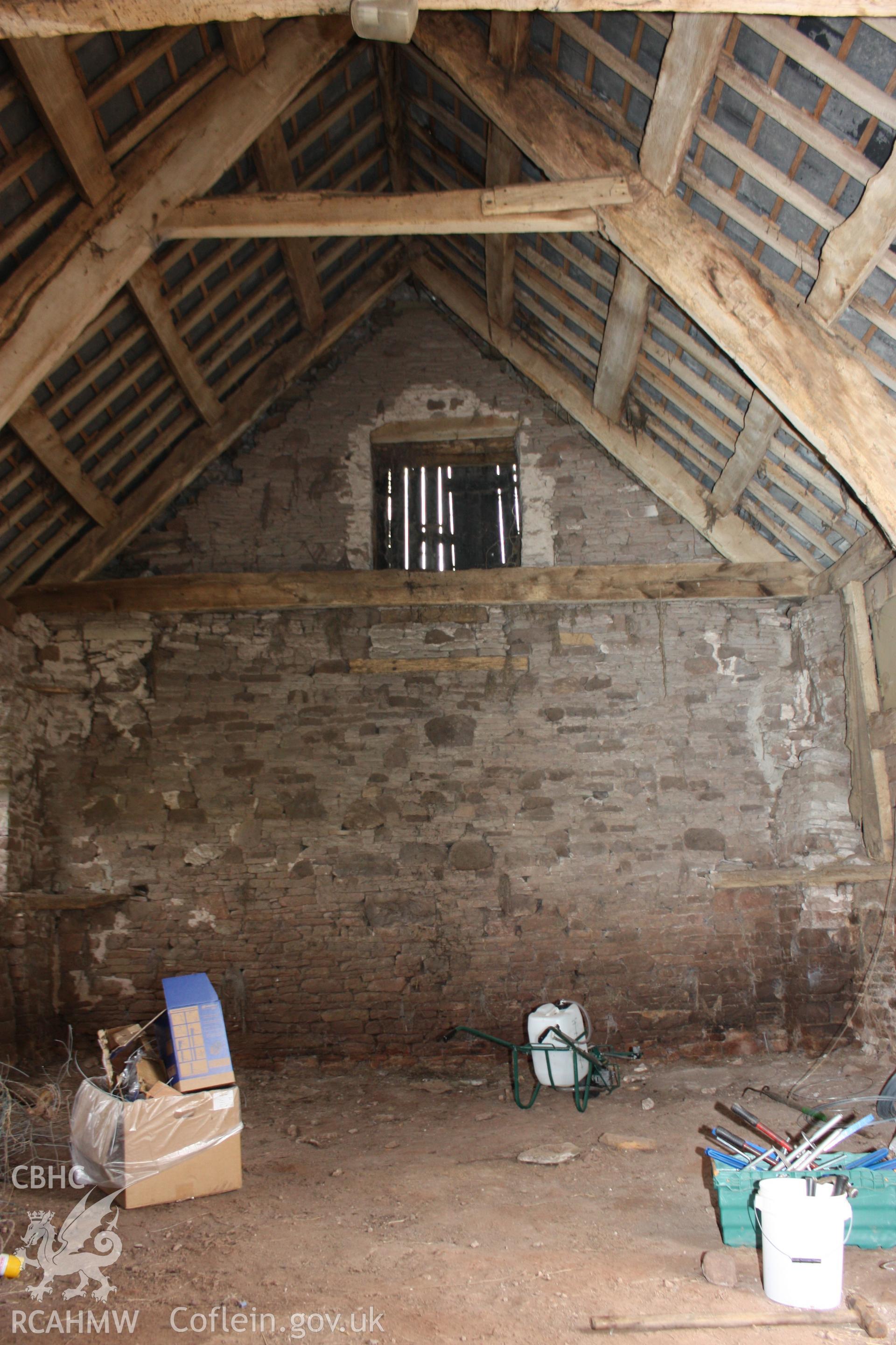 Internal brick wall, wooden window shutter and wooden beams at Marian Mawr. Photographic survey of Marian Mawr in Cwm, Denbighshire by Geoff Ward on 20th August 2010.
